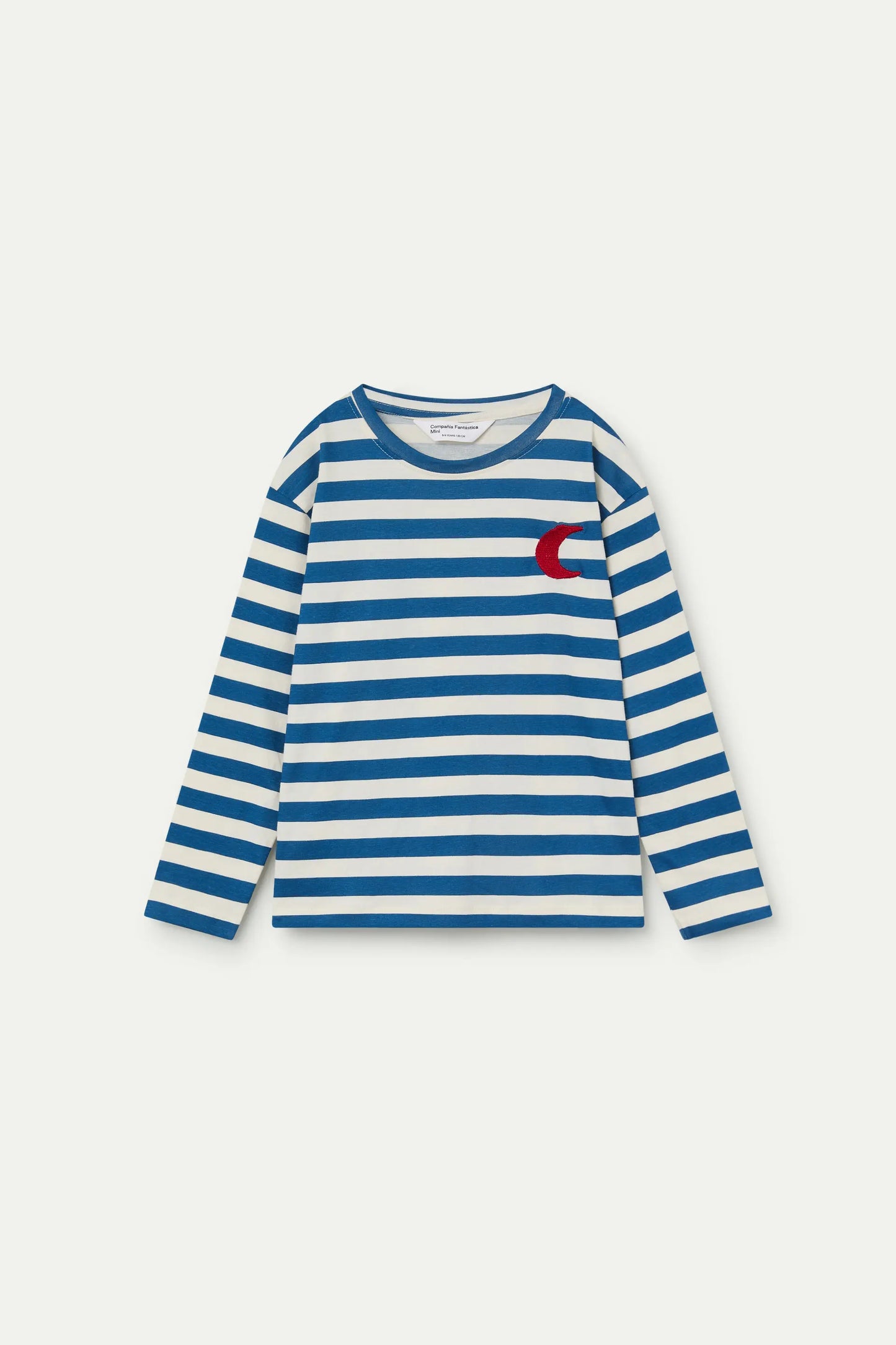 Camiseta de niña de rayas azul y blanco con detalle de media luna