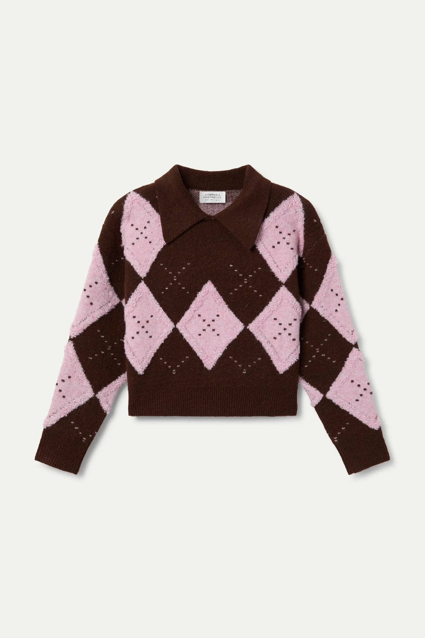 Pink and brown diamond-stitch jacquard sweater