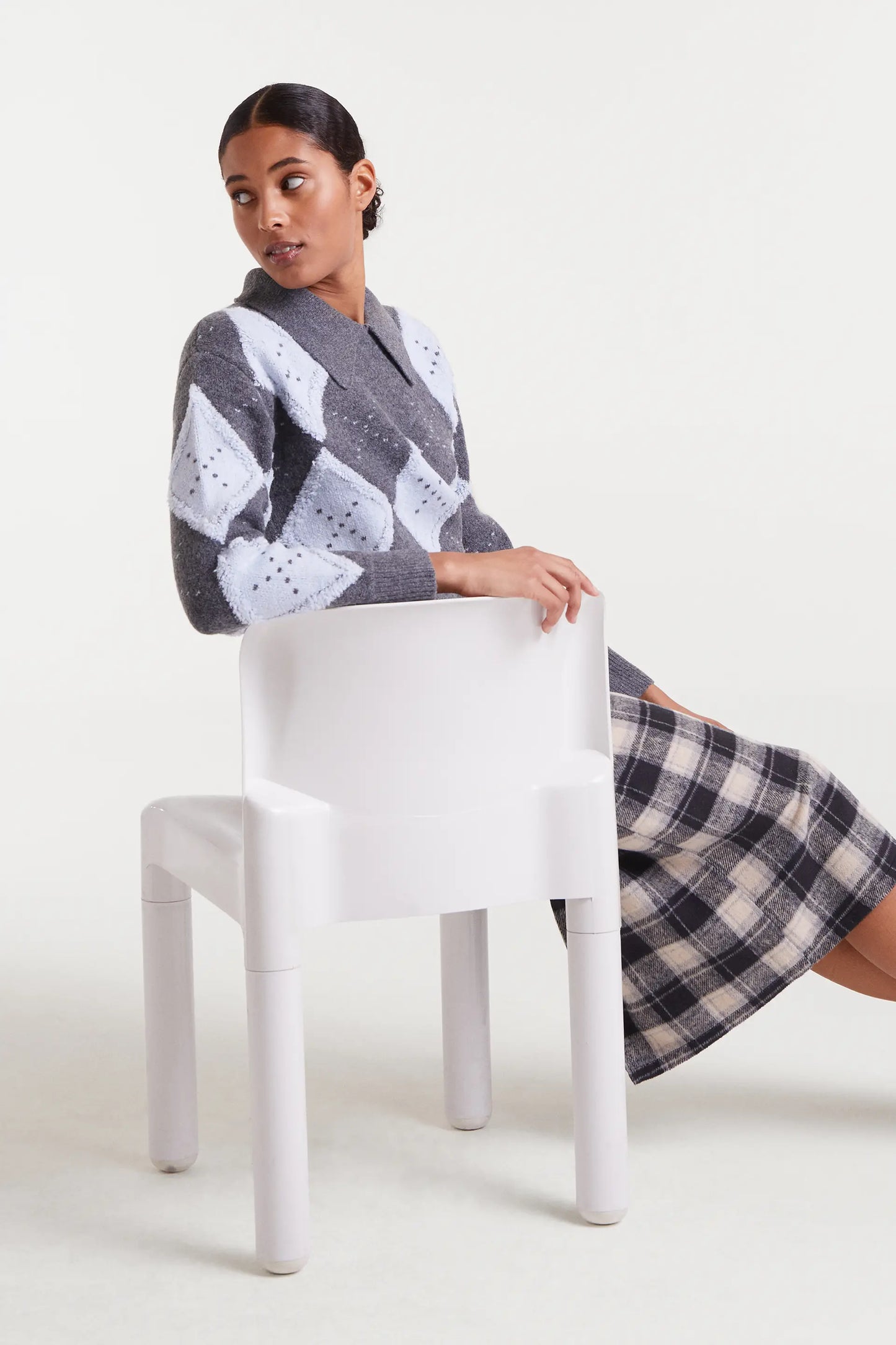 Maglione jacquard a rombi grigio e blu