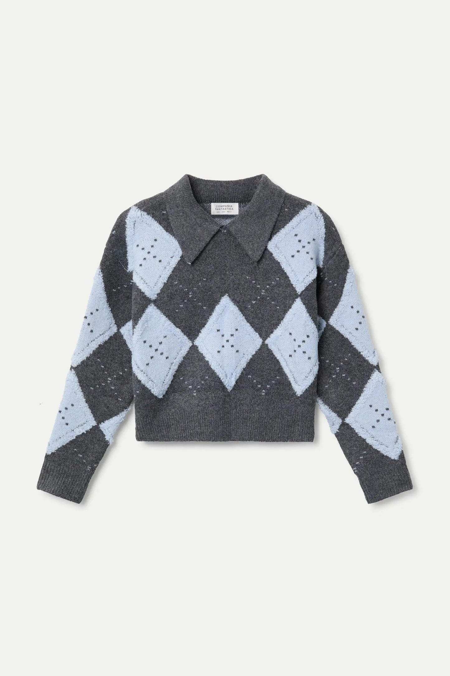 Maglione jacquard a rombi grigio e blu