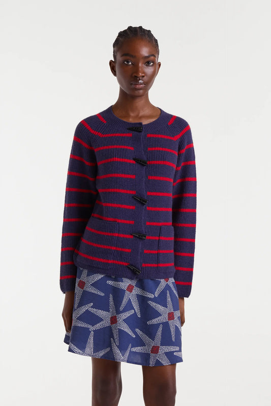 Cárdigan punto rayas navy blue y rojo