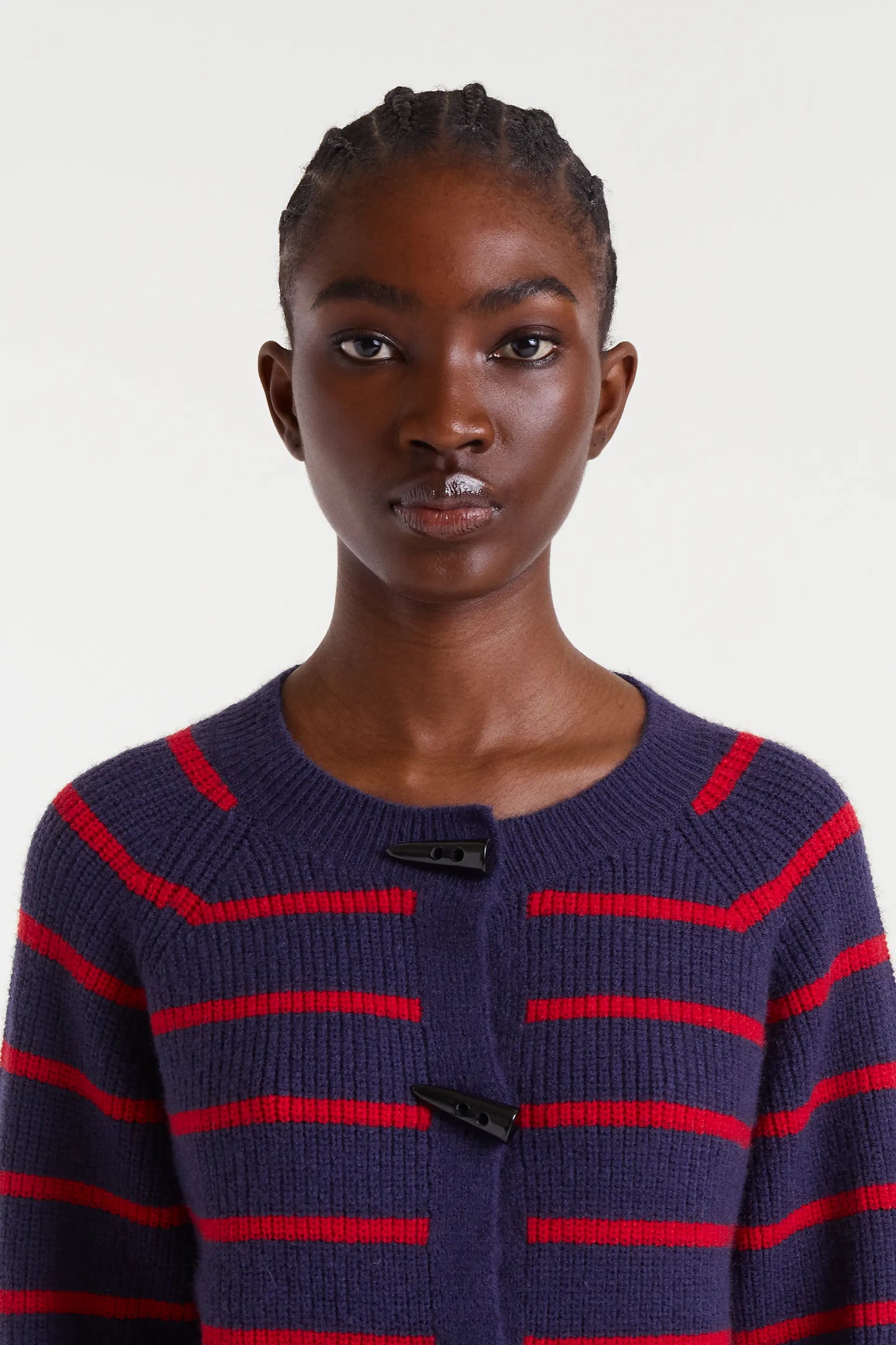 Cárdigan punto rayas navy blue y rojo
