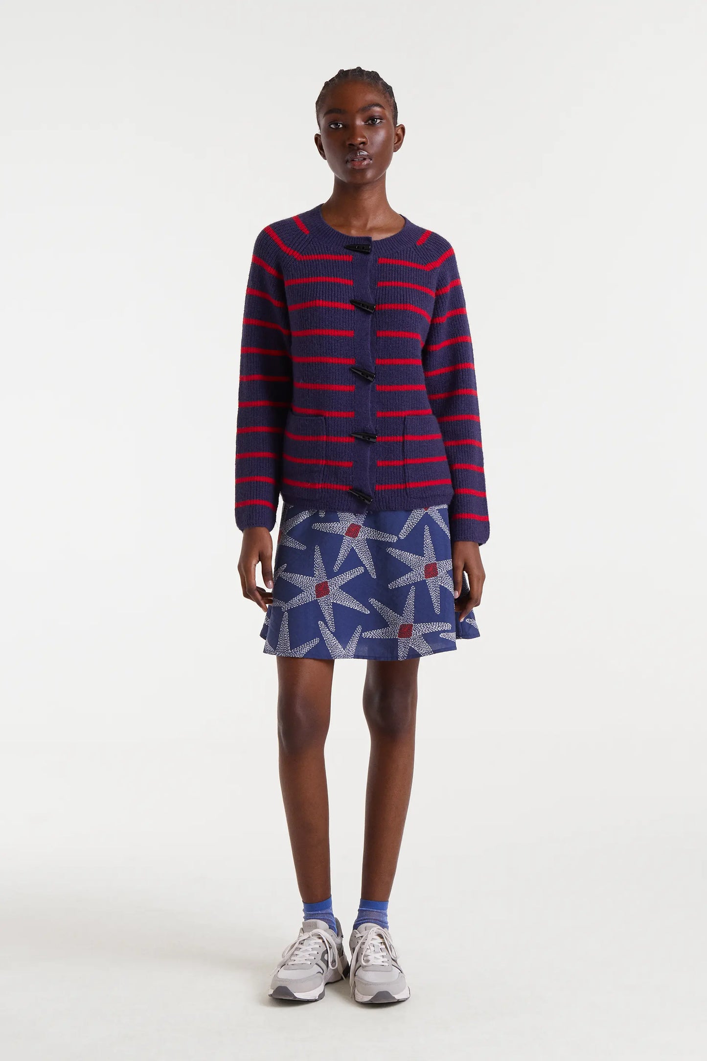 Cárdigan punto rayas navy blue y rojo