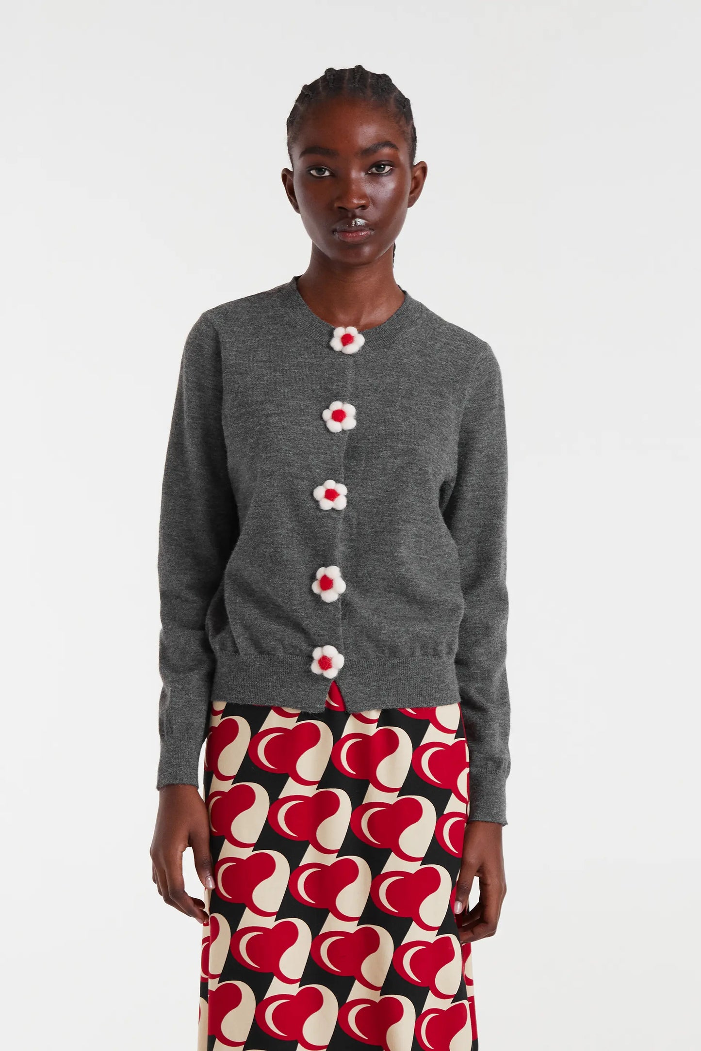 Cardigan in maglia fine con dettaglio floreale grigio