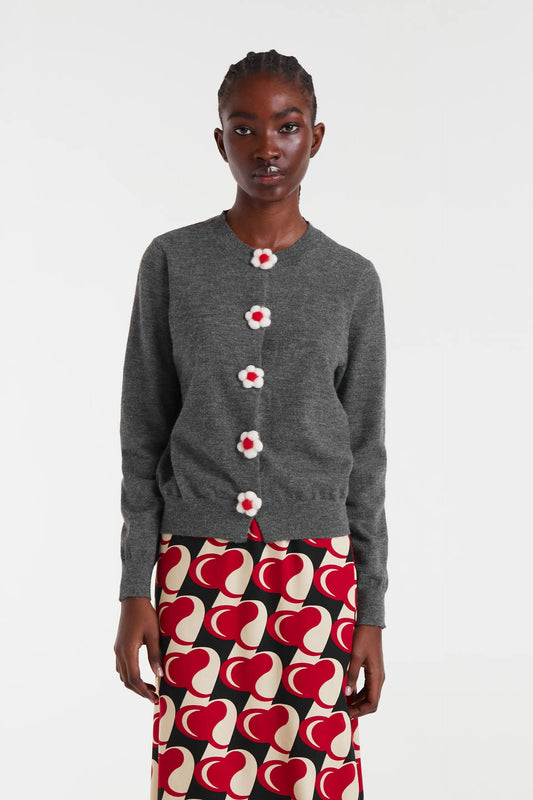 Cárdigan punto fino con detalle floral gris