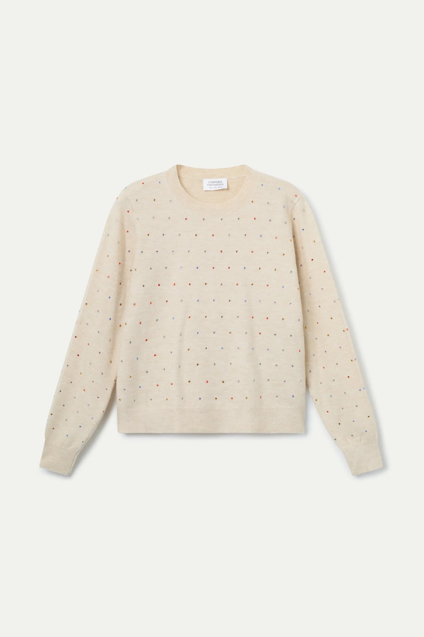 Beige fine knit sweater with multi-colored details