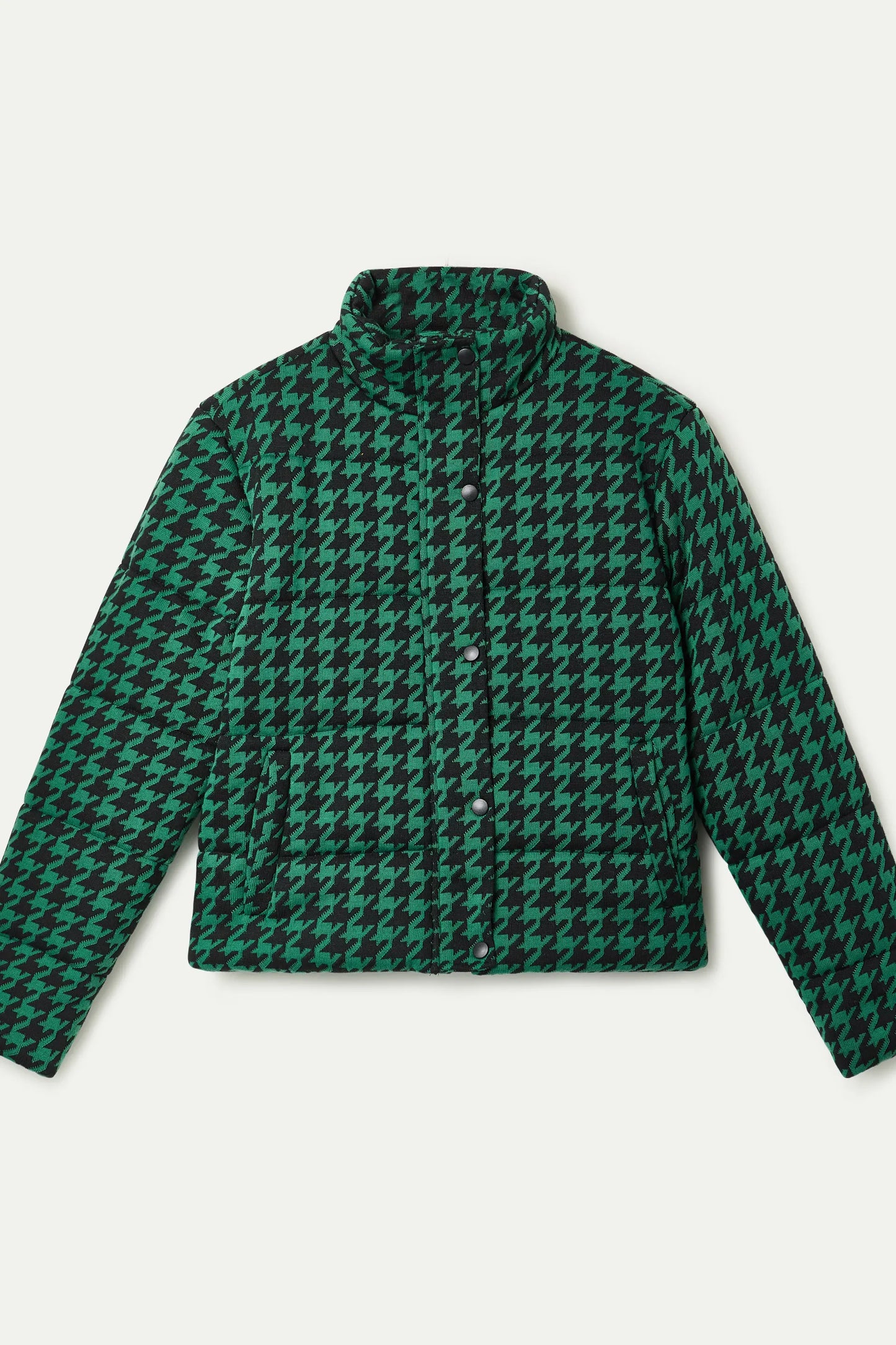 Cappotto trapuntato con stampa pied de poule nera e verde
