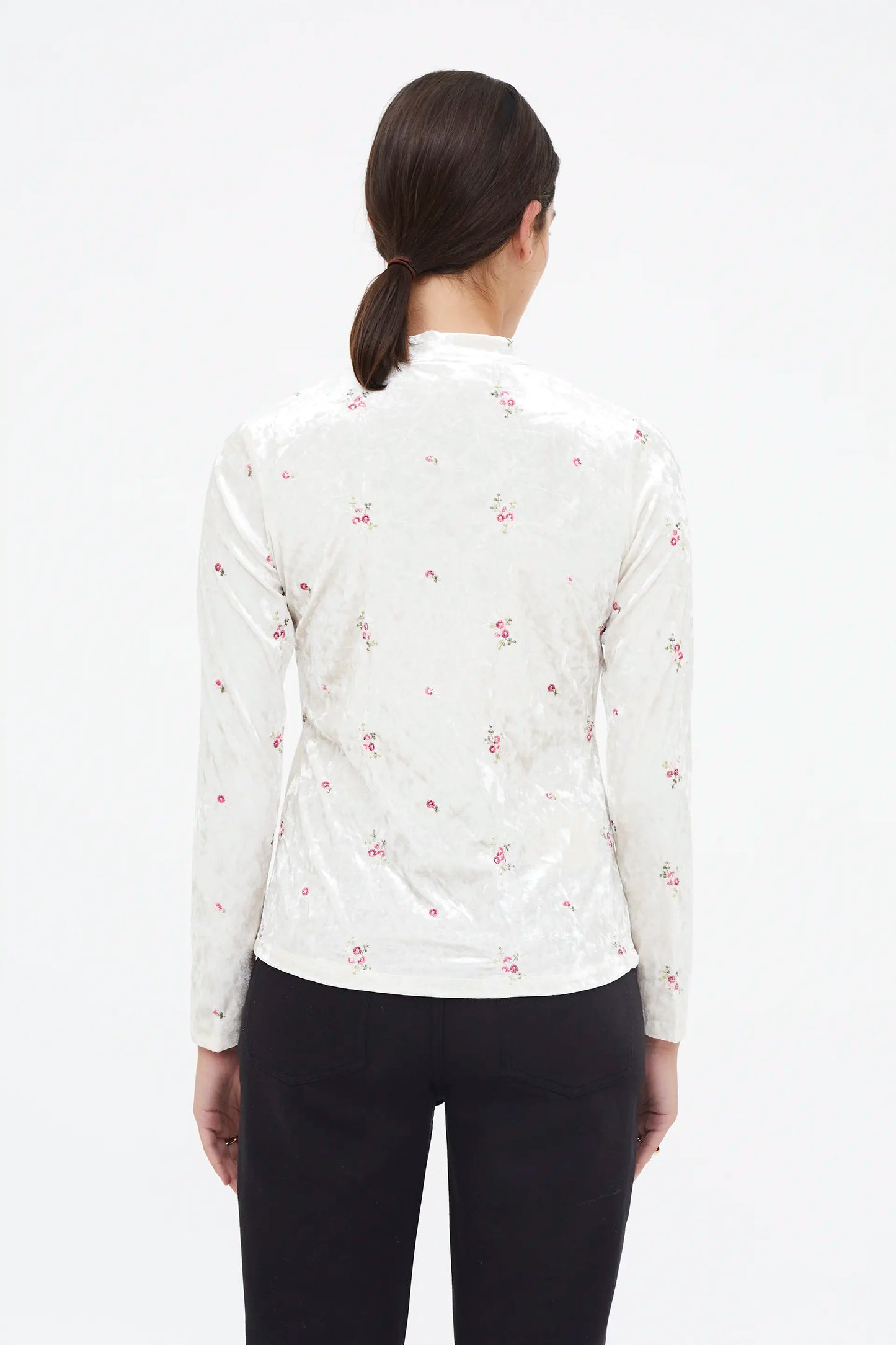 Velvet T-shirt with floral embroidery