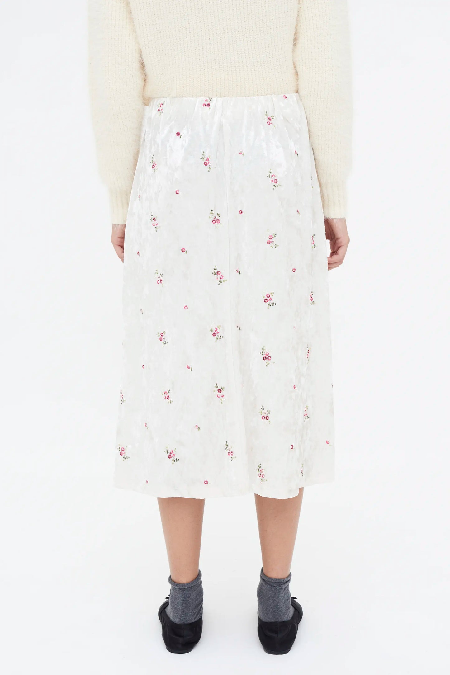 Velvet midi skirt with floral embroidery