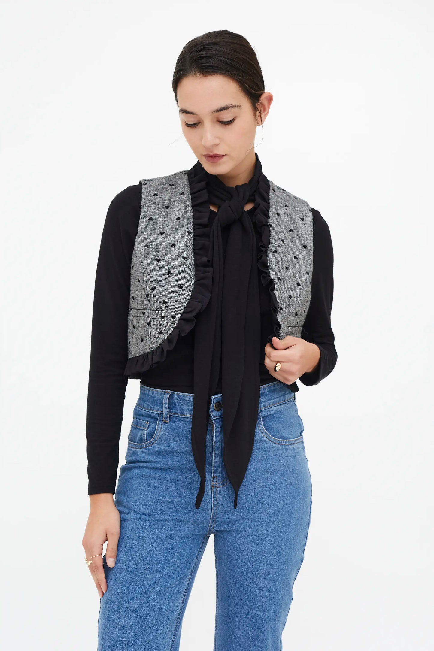 Black heart print tweed vest