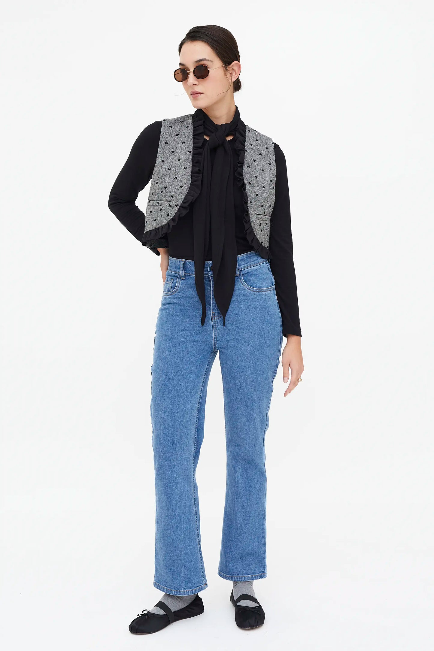 Black heart print tweed vest