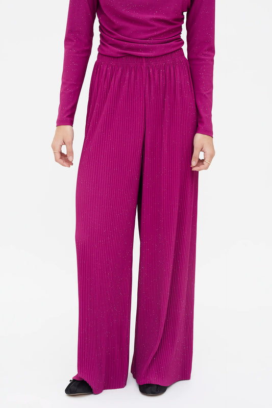 Pantalón crepé plisado con lúrex magenta