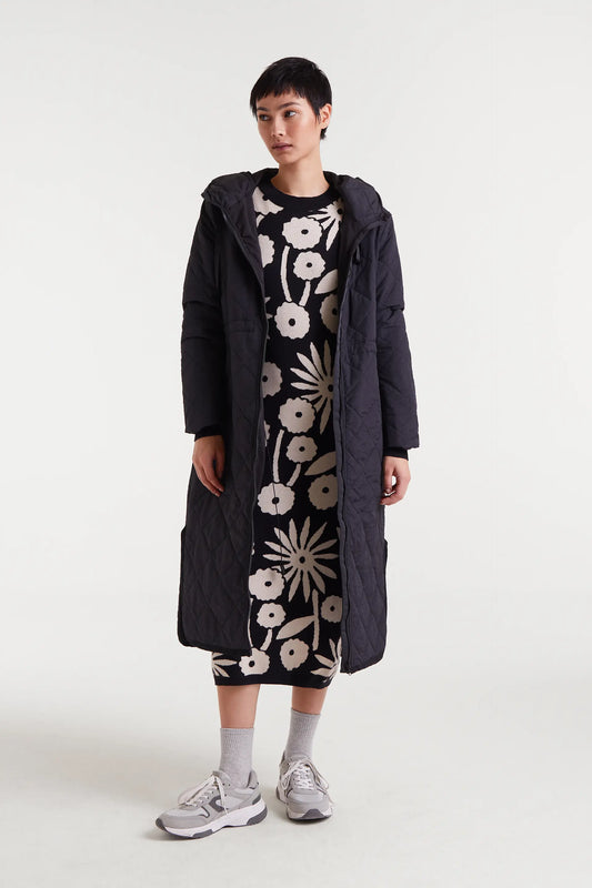 Abrigo acolchado largo con capucha negro