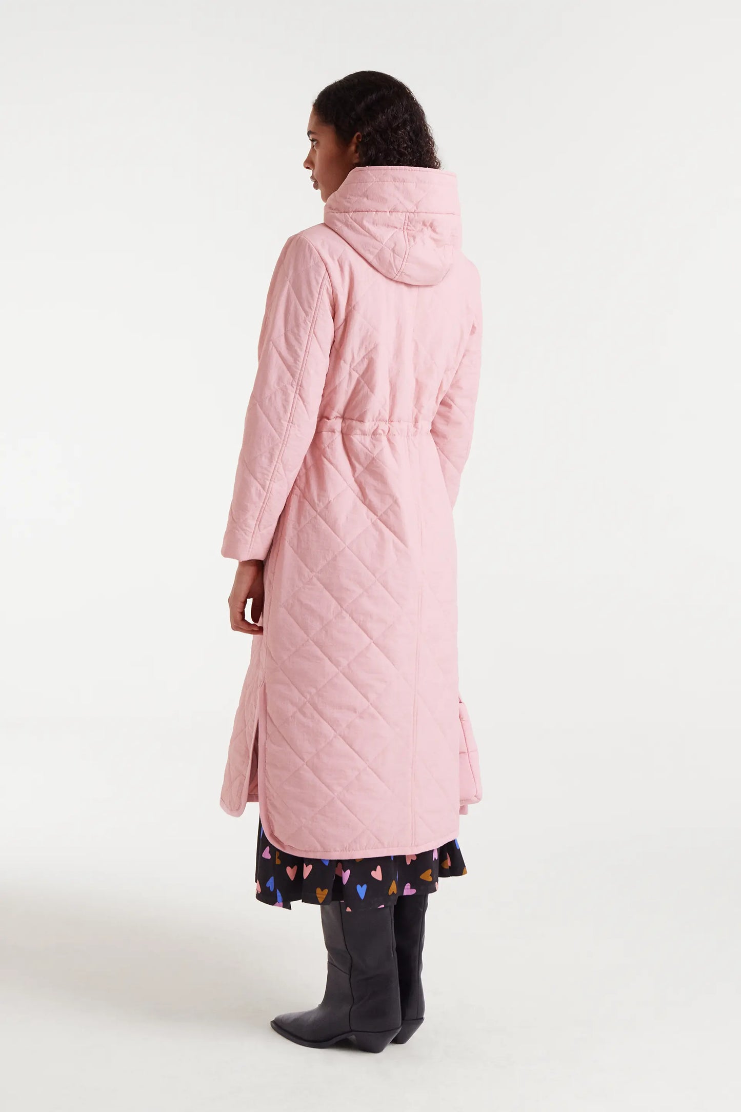 Cappotto lungo imbottito con cappuccio rosa