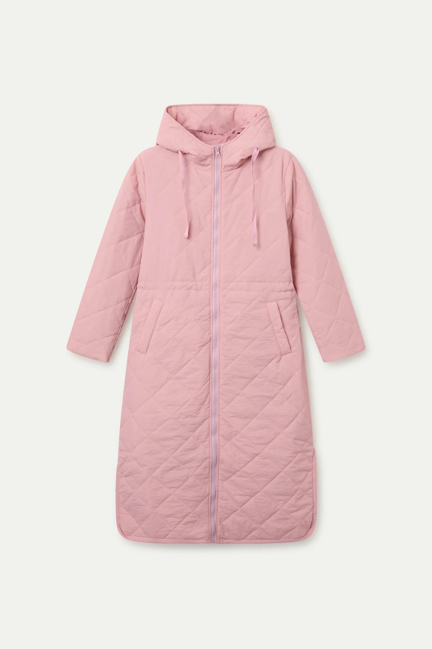 Cappotto lungo imbottito con cappuccio rosa