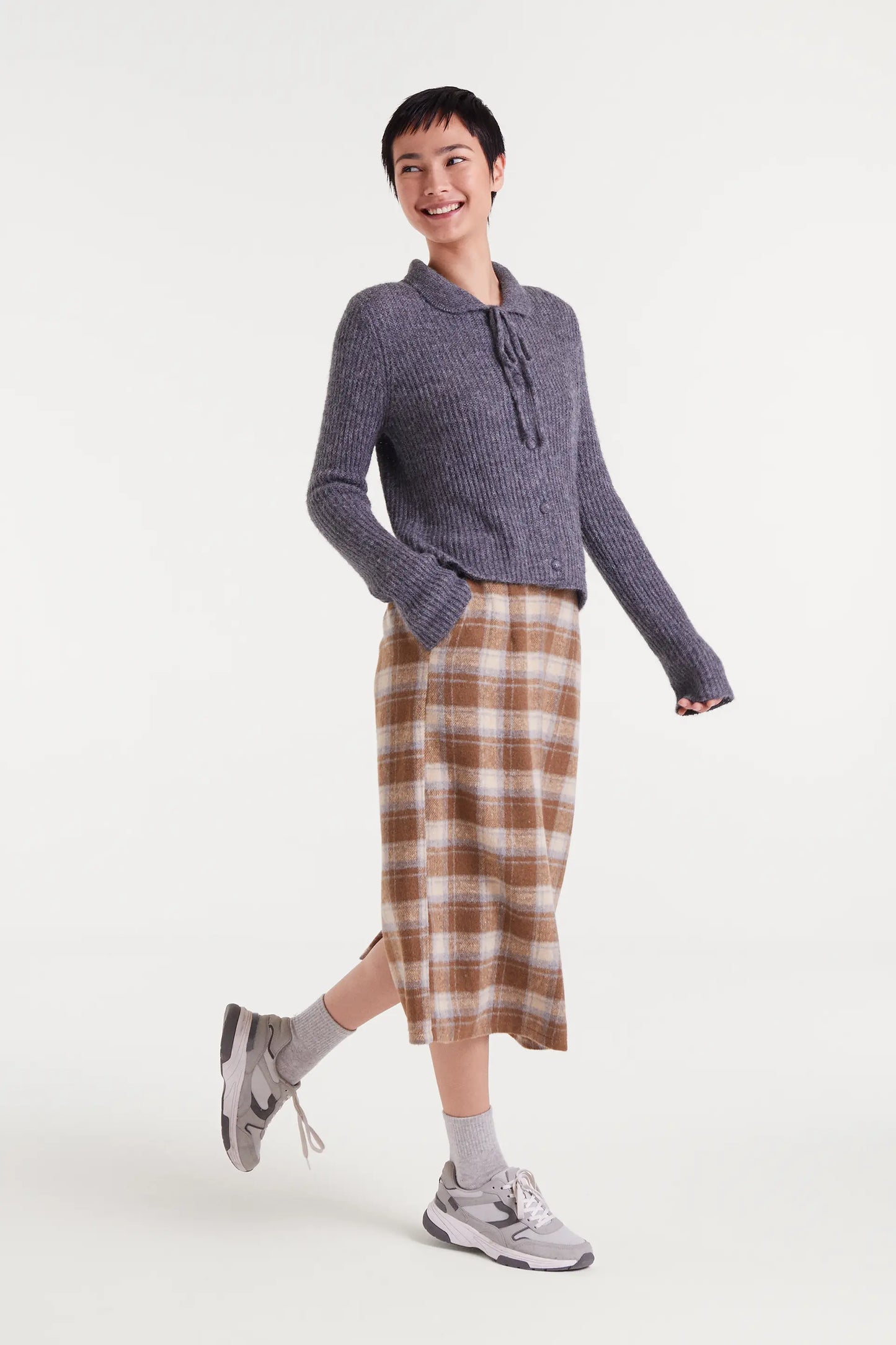 Beige Check Print Skirt
