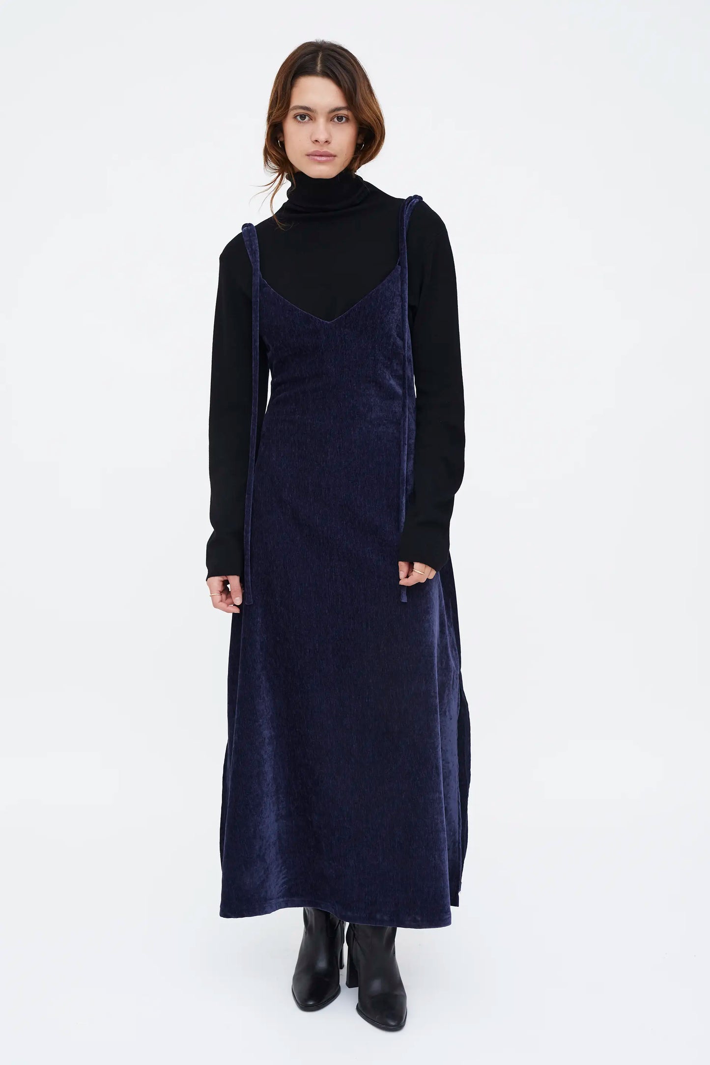 Abito lungo in velluto blu navy