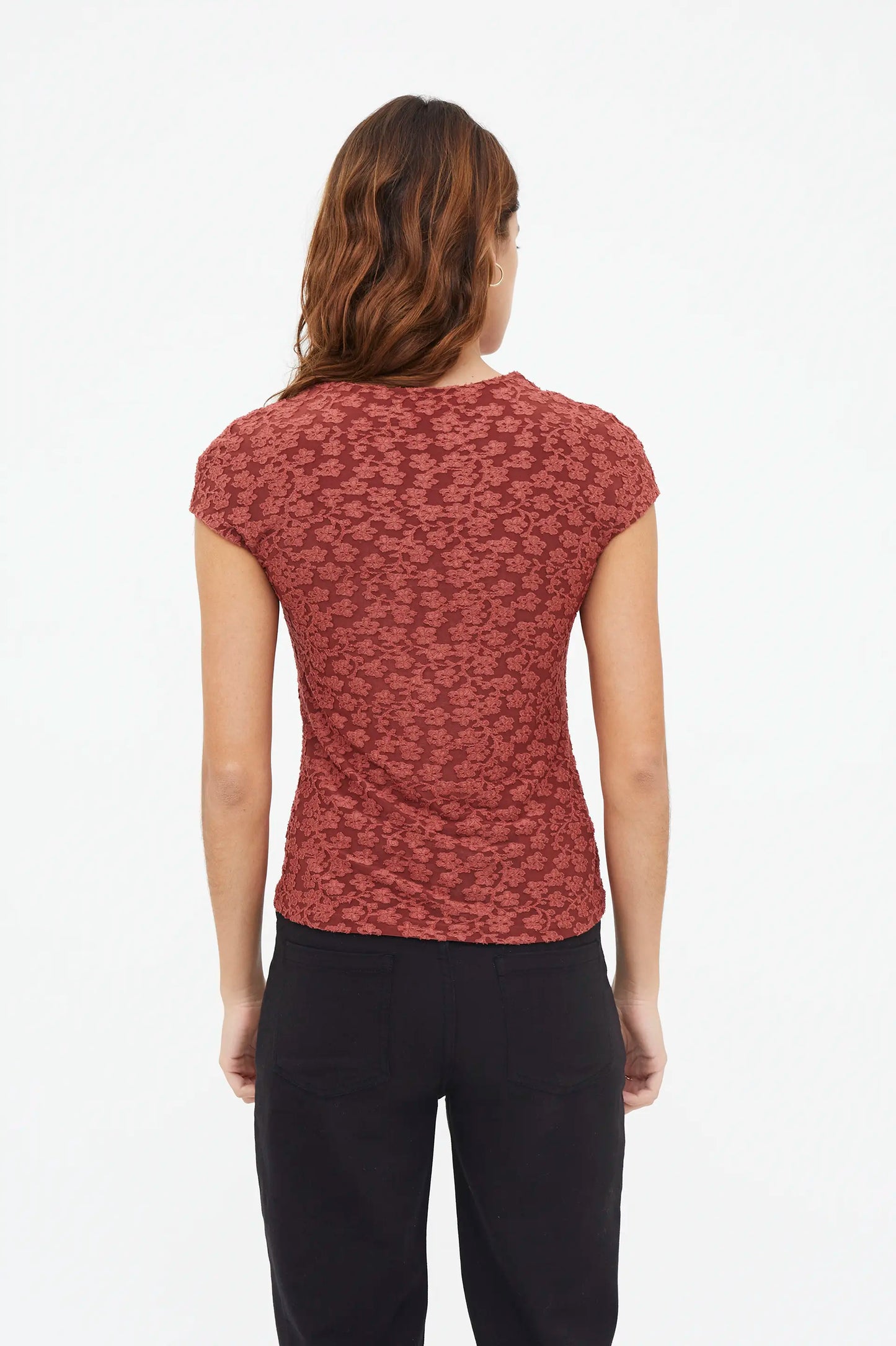 Brown floral lace short-sleeved T-shirt