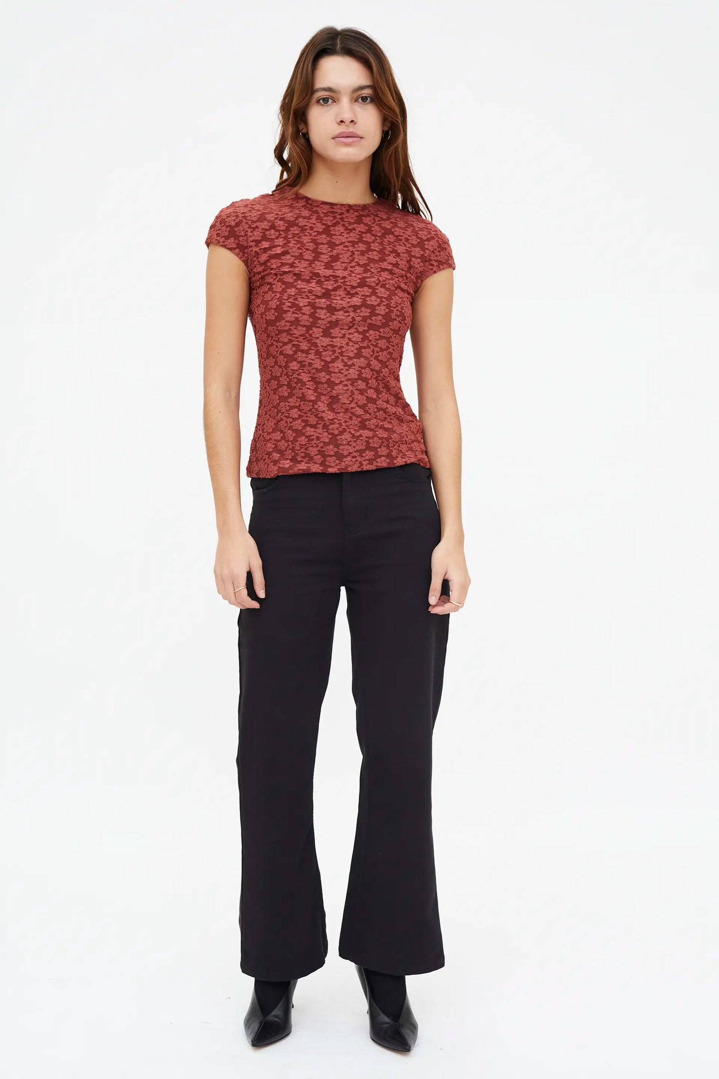 Brown floral lace short-sleeved T-shirt