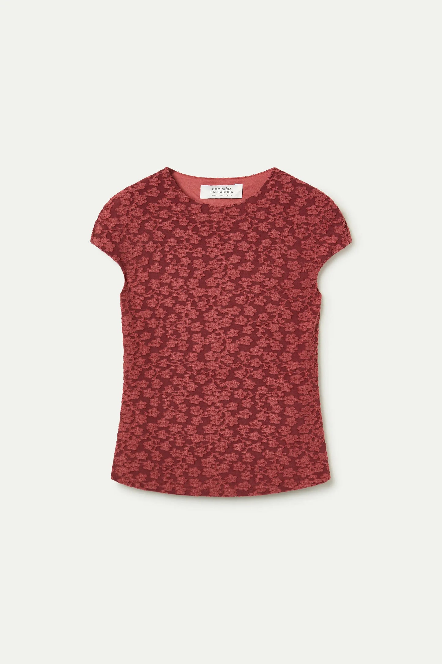 Brown floral lace short-sleeved T-shirt