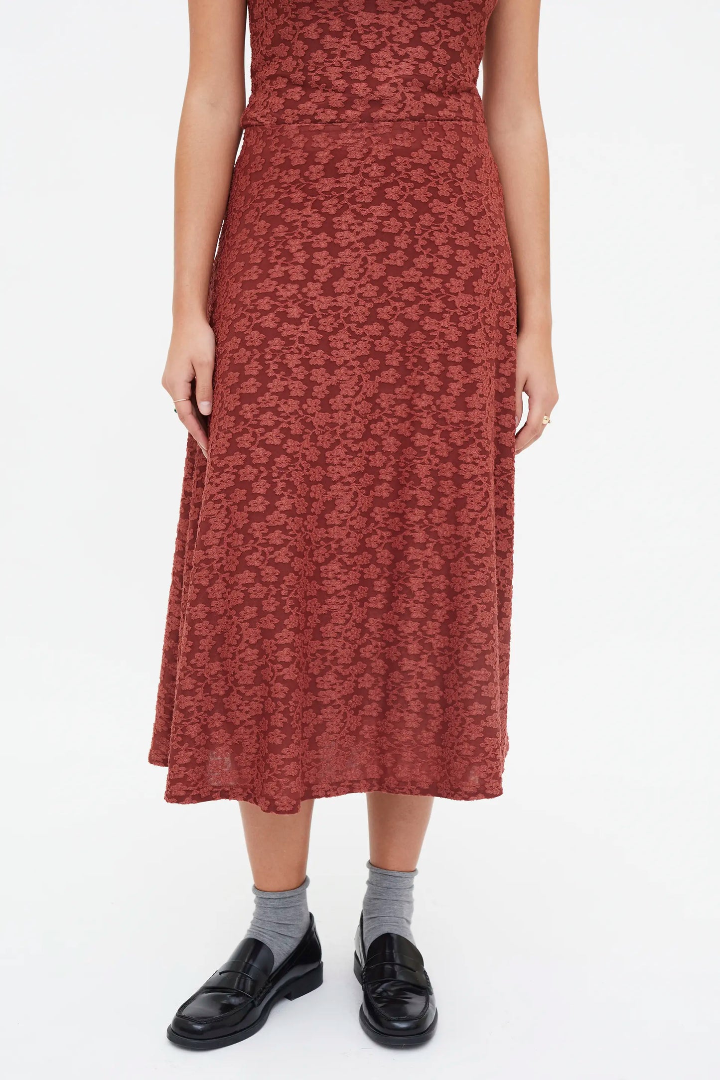 Brown floral lace midi skirt