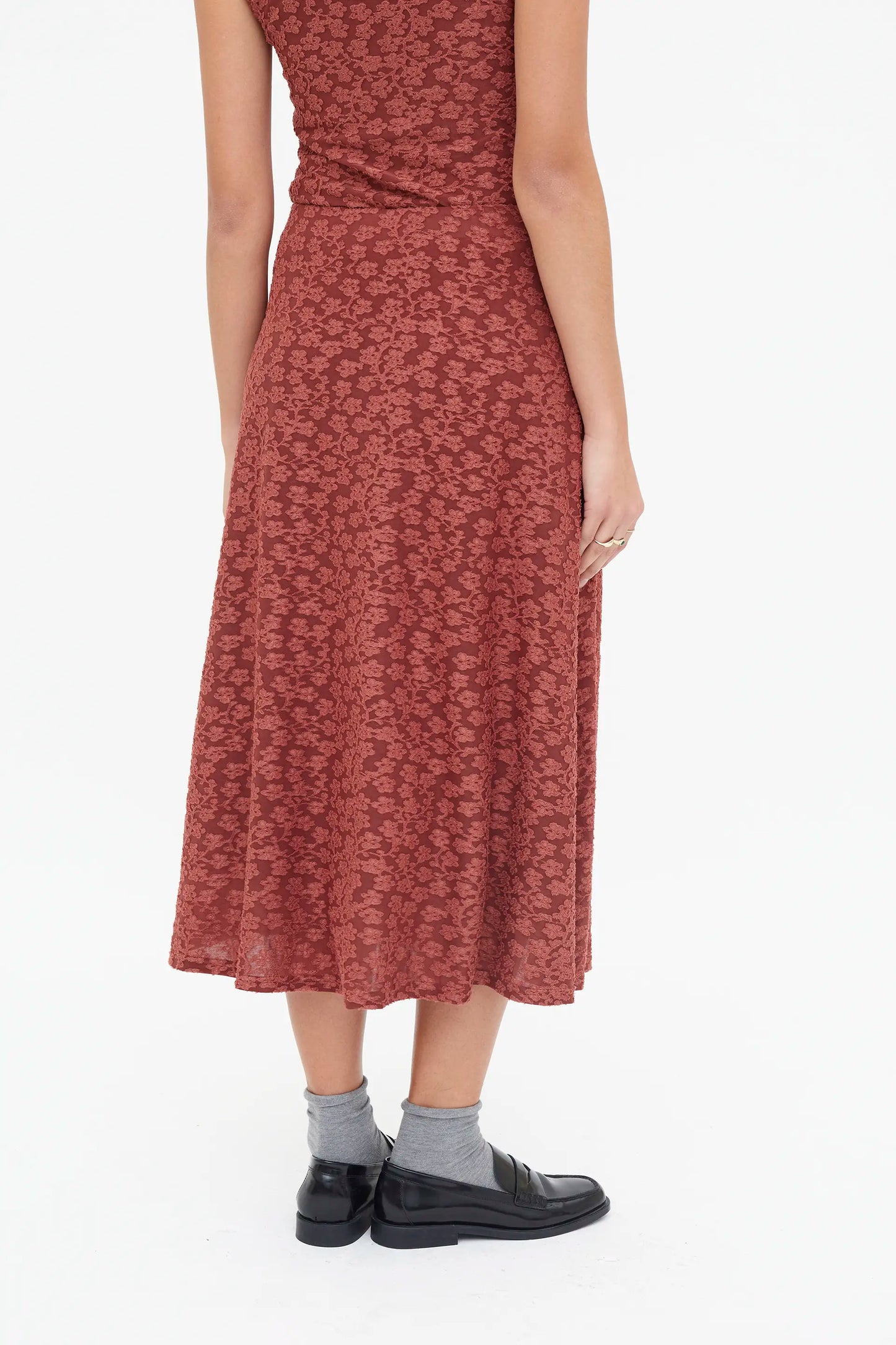 Brown floral lace midi skirt