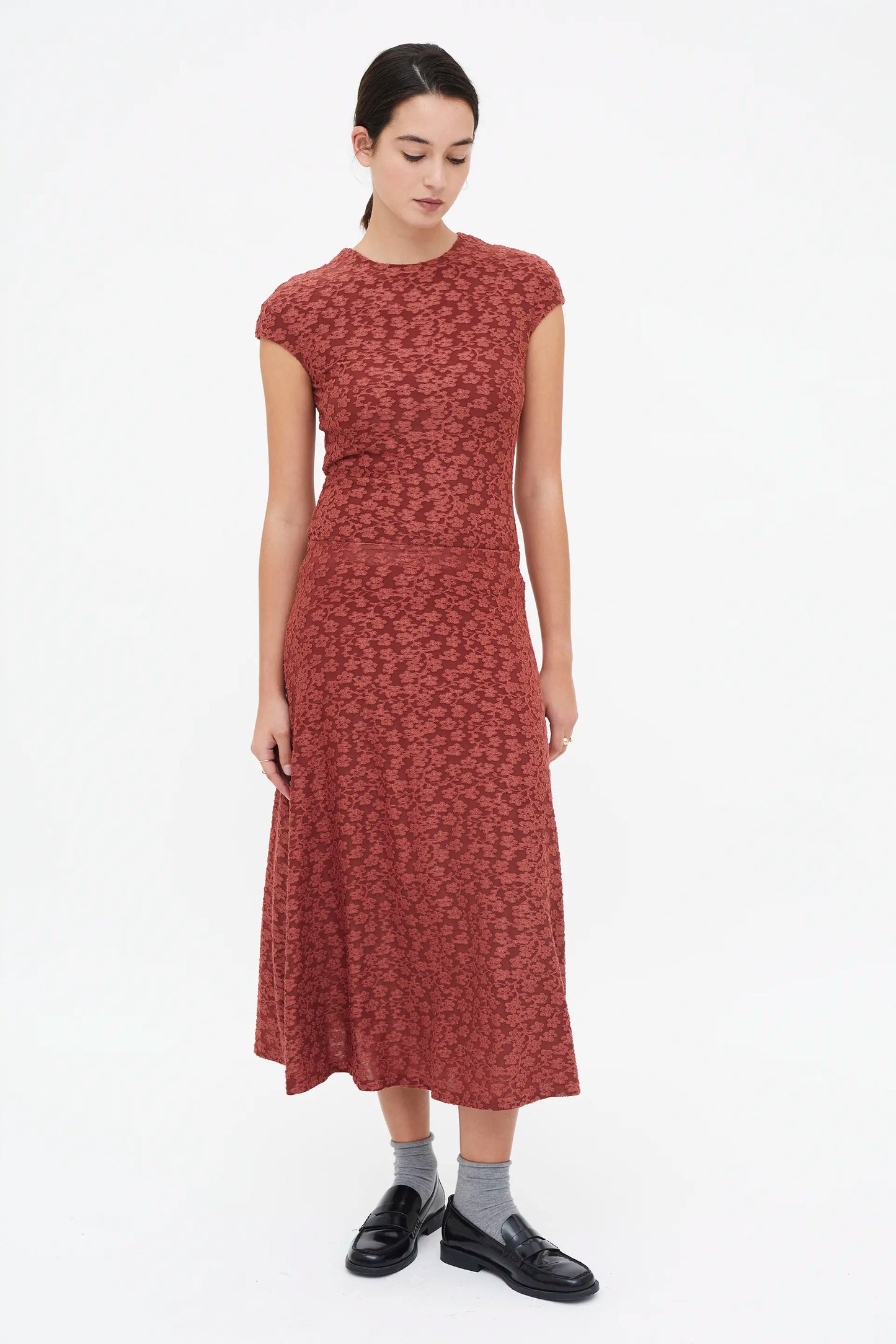 Brown floral lace midi skirt