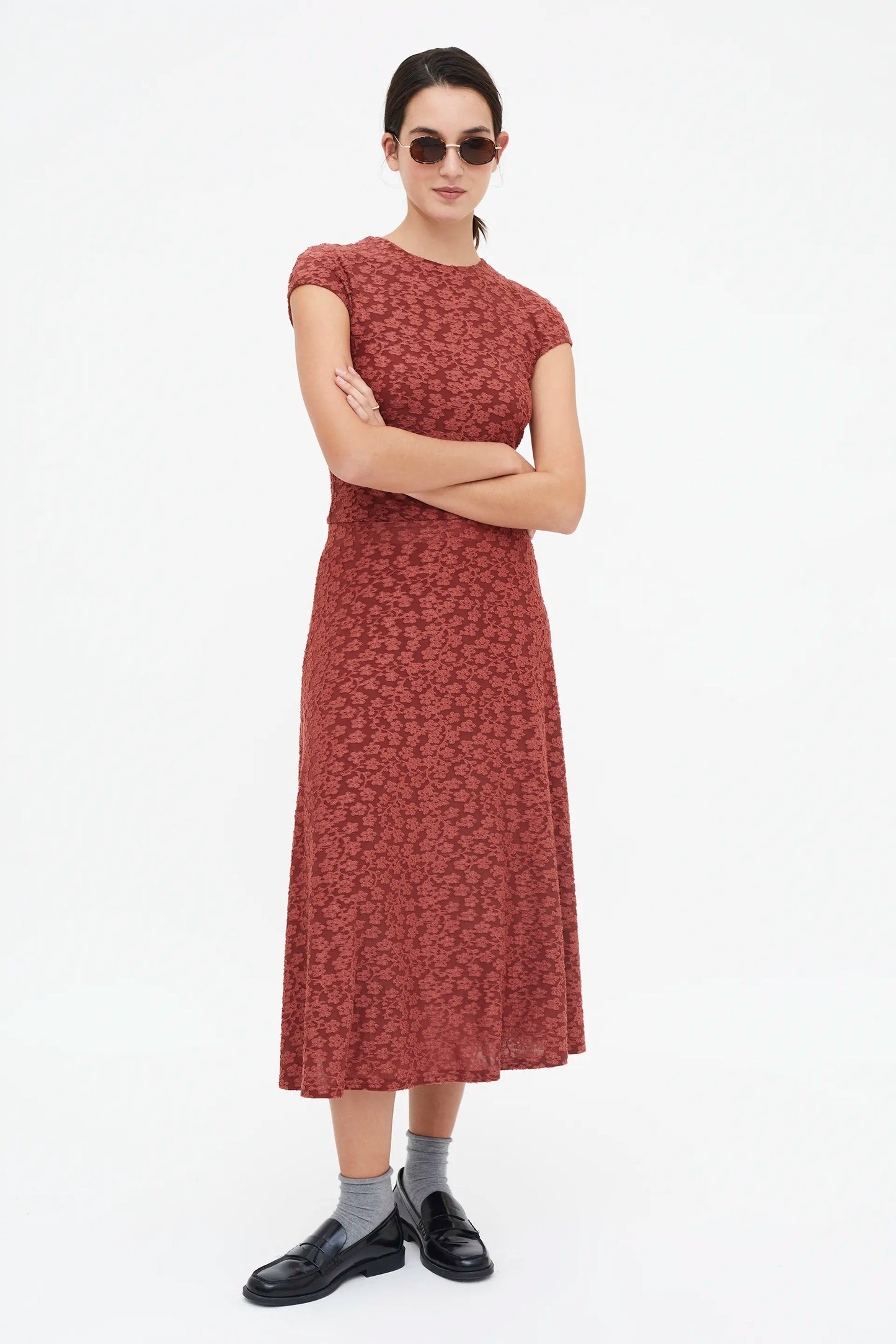 Brown floral lace midi skirt