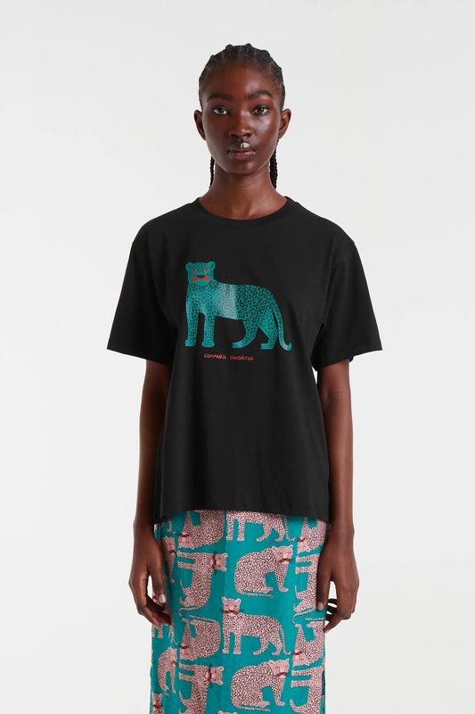 Camiseta negra 100% algodón con print de Leopardo