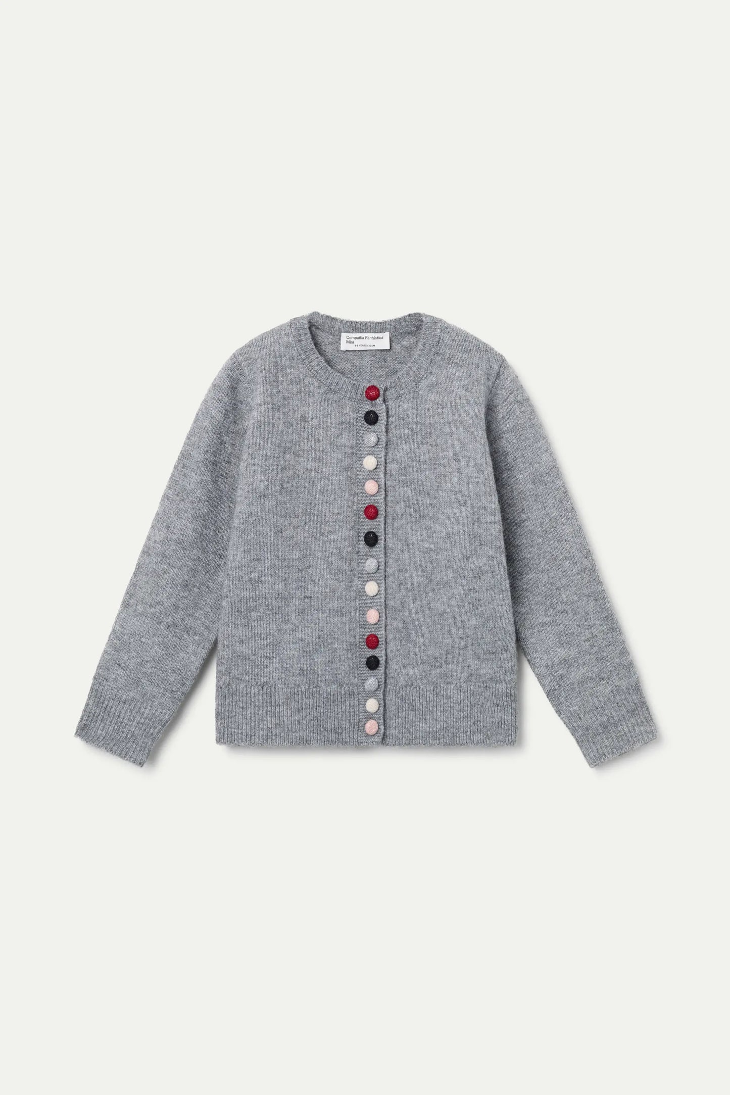 Grey girl's cardigan with round neck and buttons.