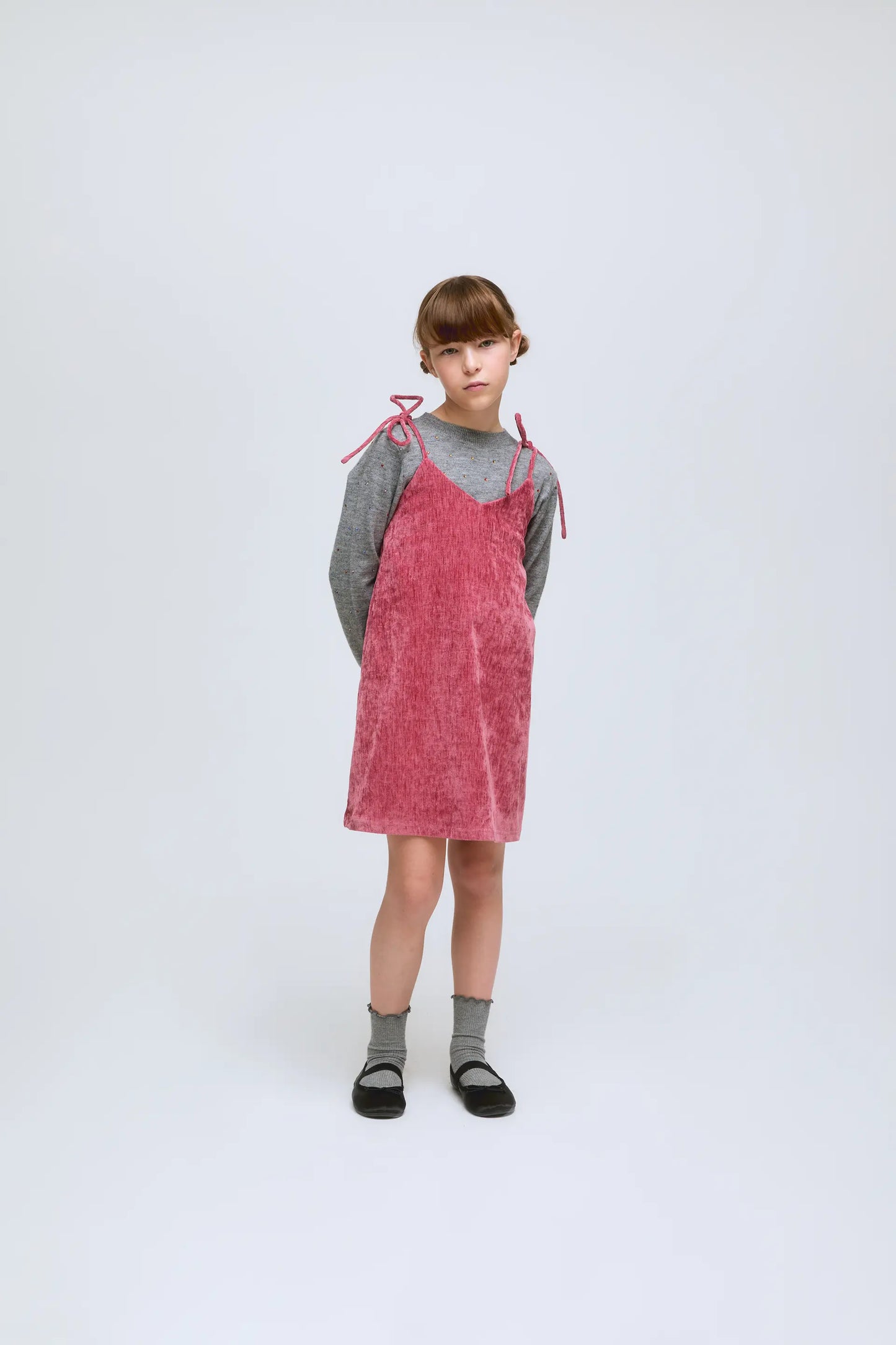 Short pink corduroy strap dress for girls