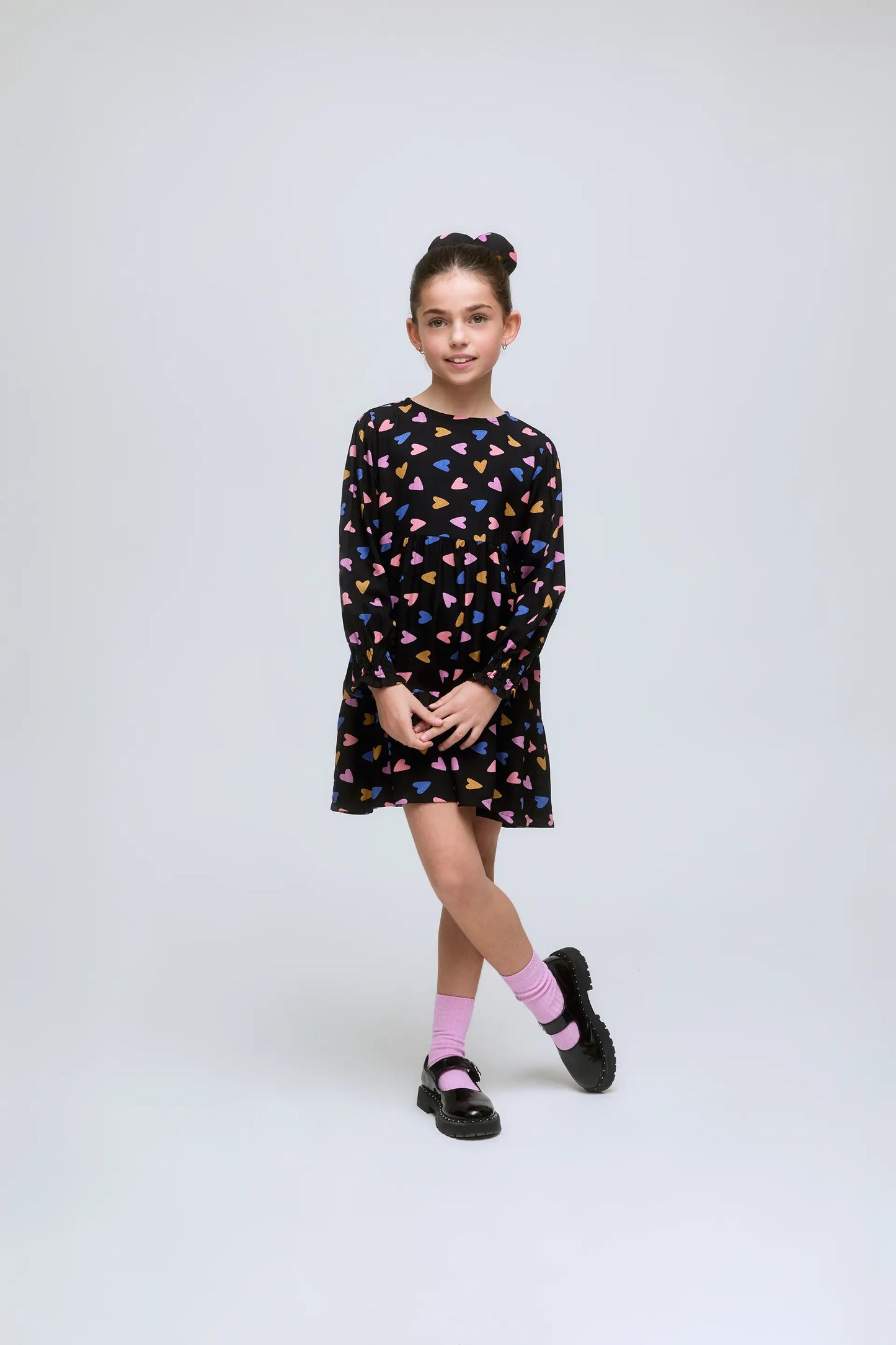 Abito corto a maniche lunghe con stampa a cuore Porpourri per bambine