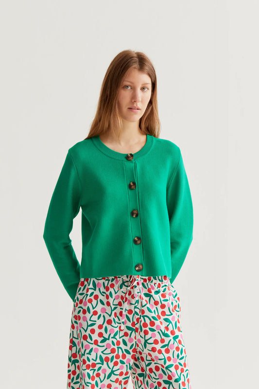 Green knit cardigan with large buttons