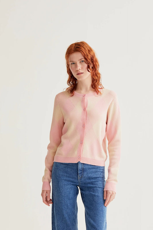 Pink diamond pattern knit cardigan