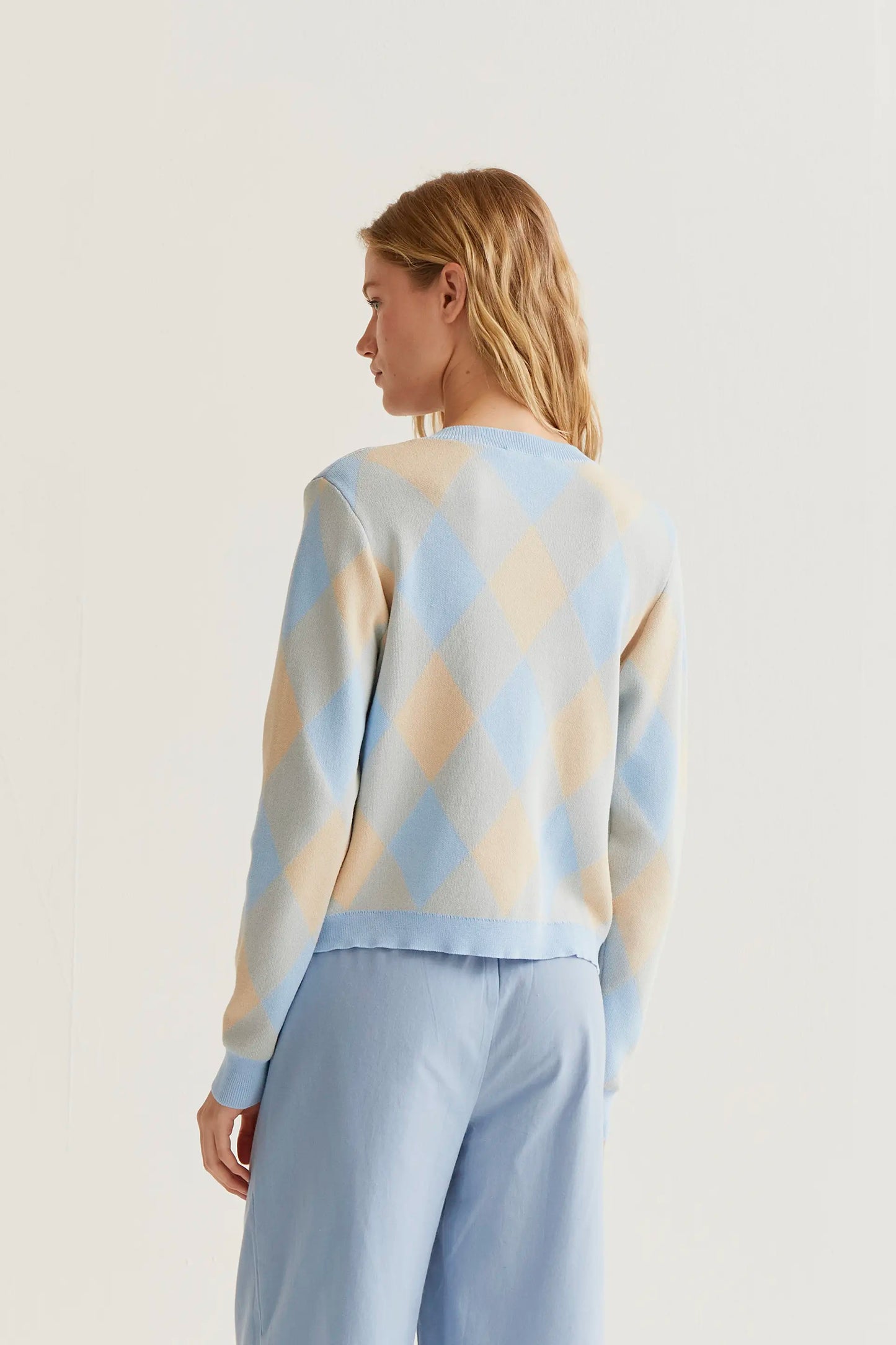 Cárdigan punto con estampado rombos azul