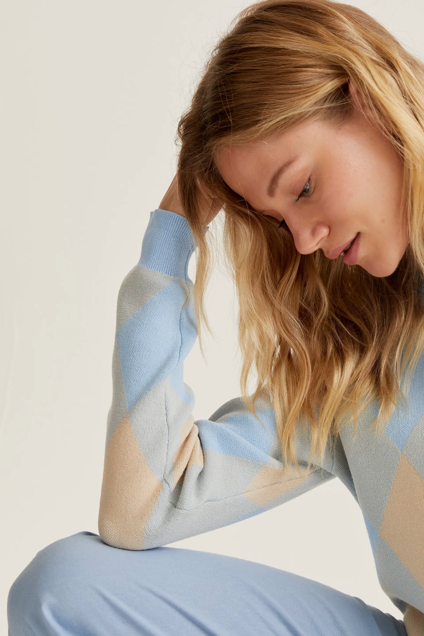 Cárdigan punto con estampado rombos azul