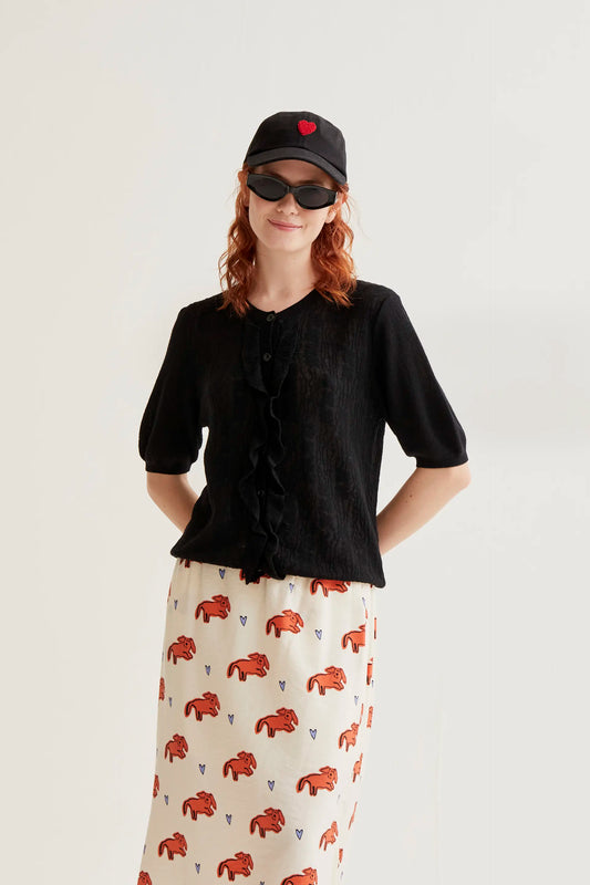 Black floral knit cardigan with ruffles