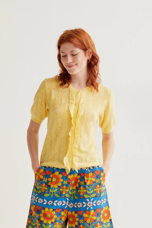 Yellow floral knit cardigan with ruffles