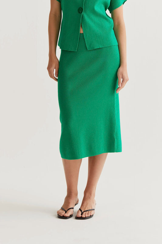 Blue-green knit midi skirt