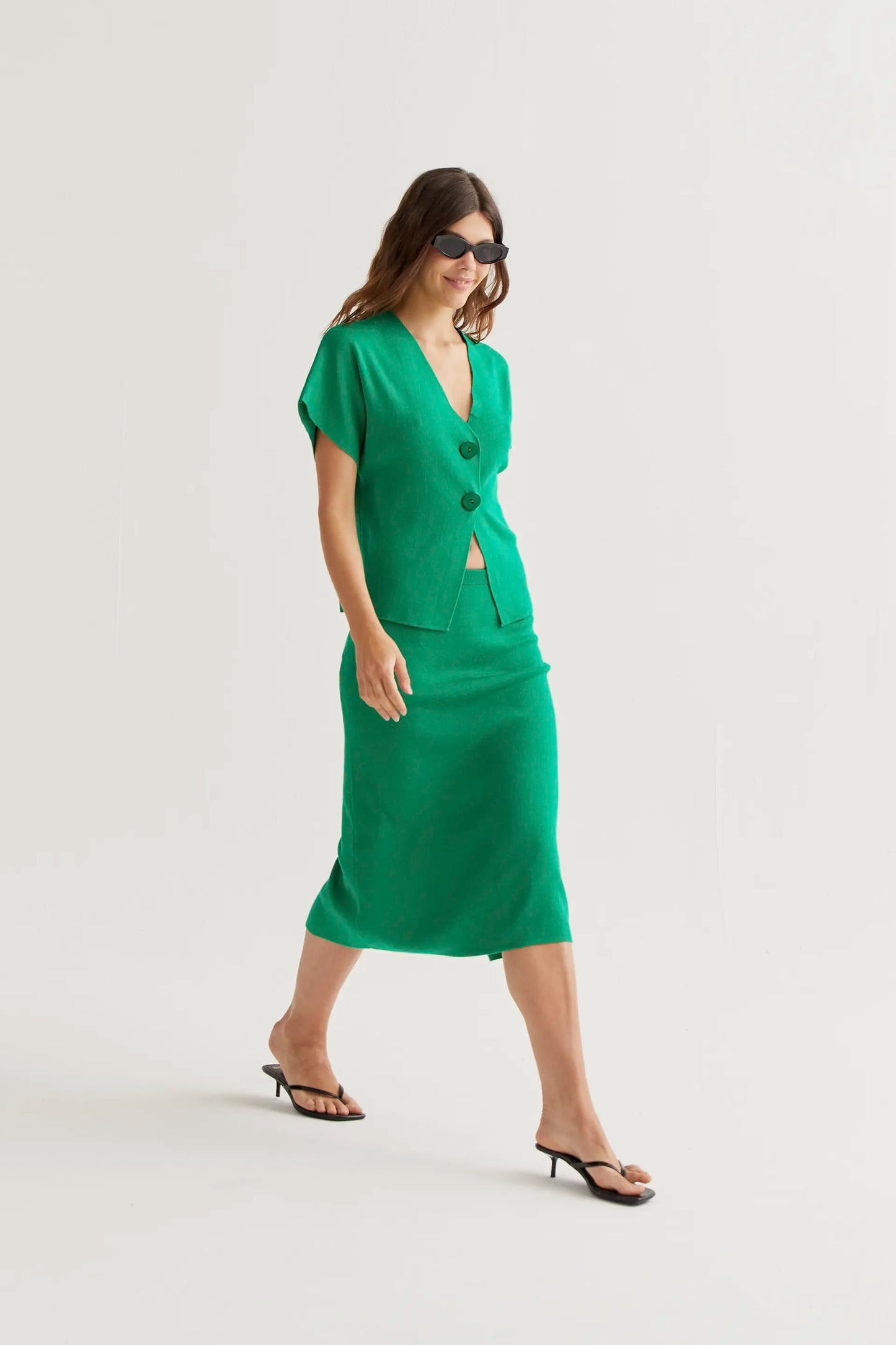 Blue-green knit midi skirt