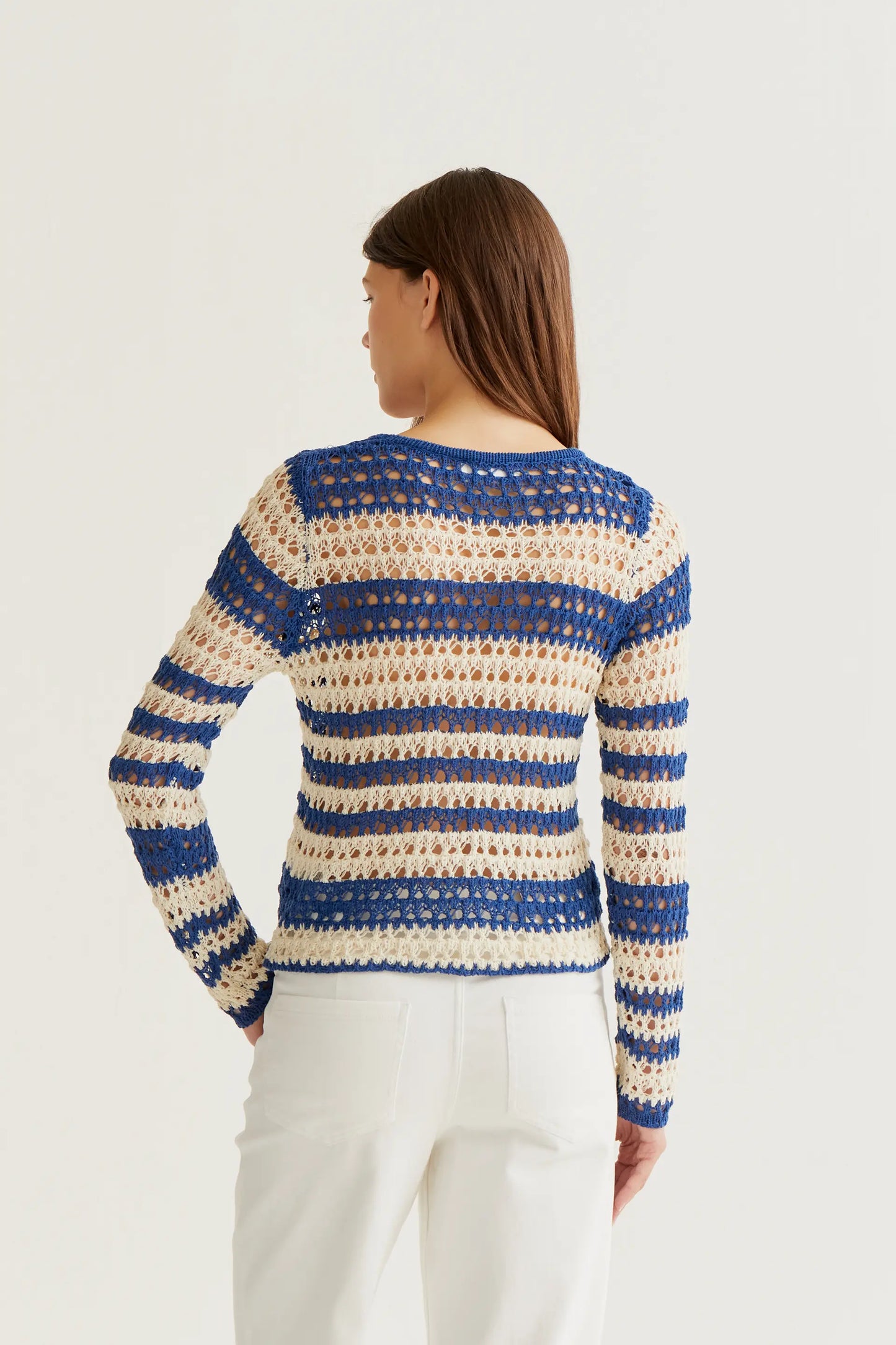 Openwork knit top with white and blue stripes