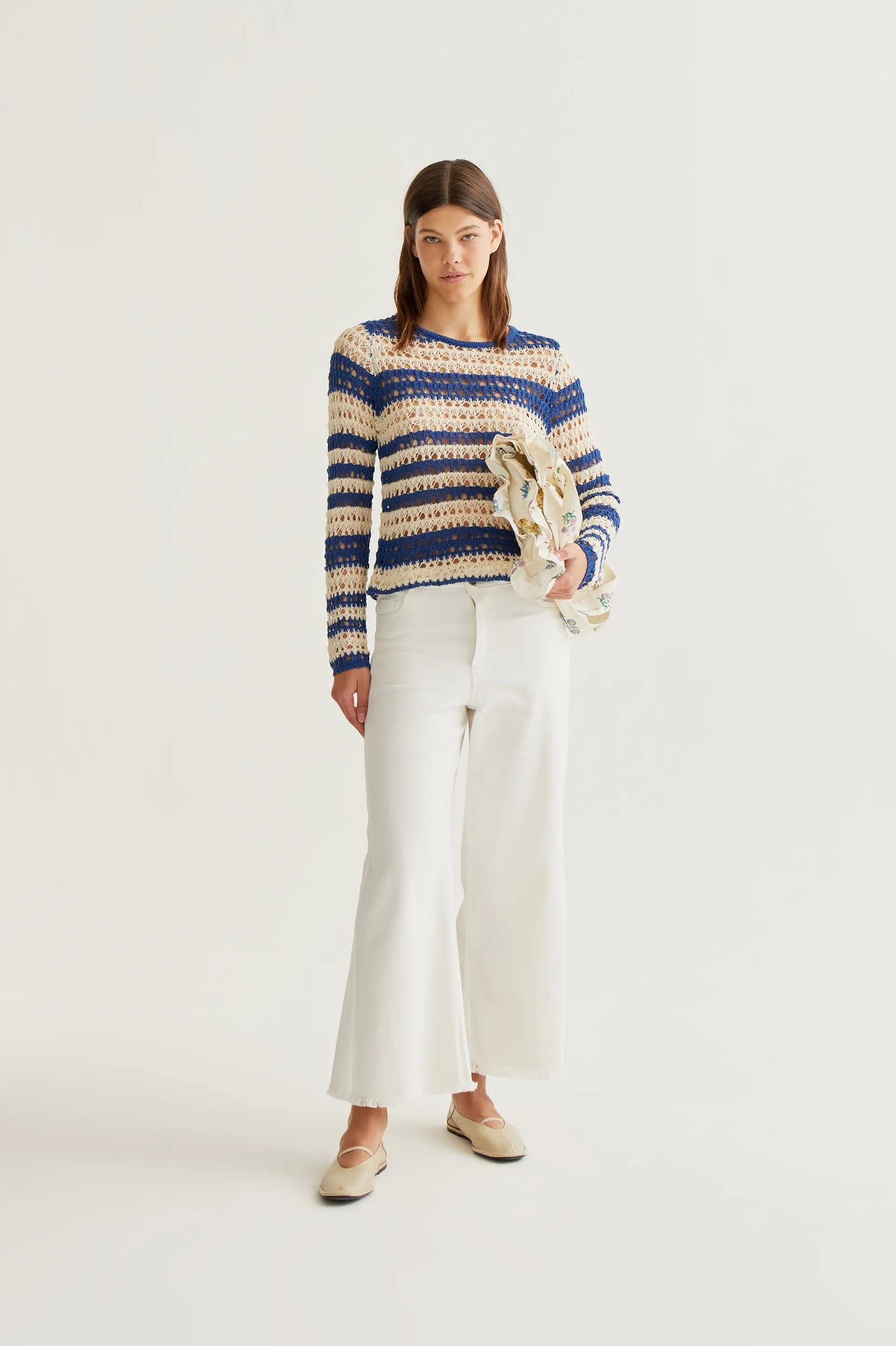 Openwork knit top with white and blue stripes