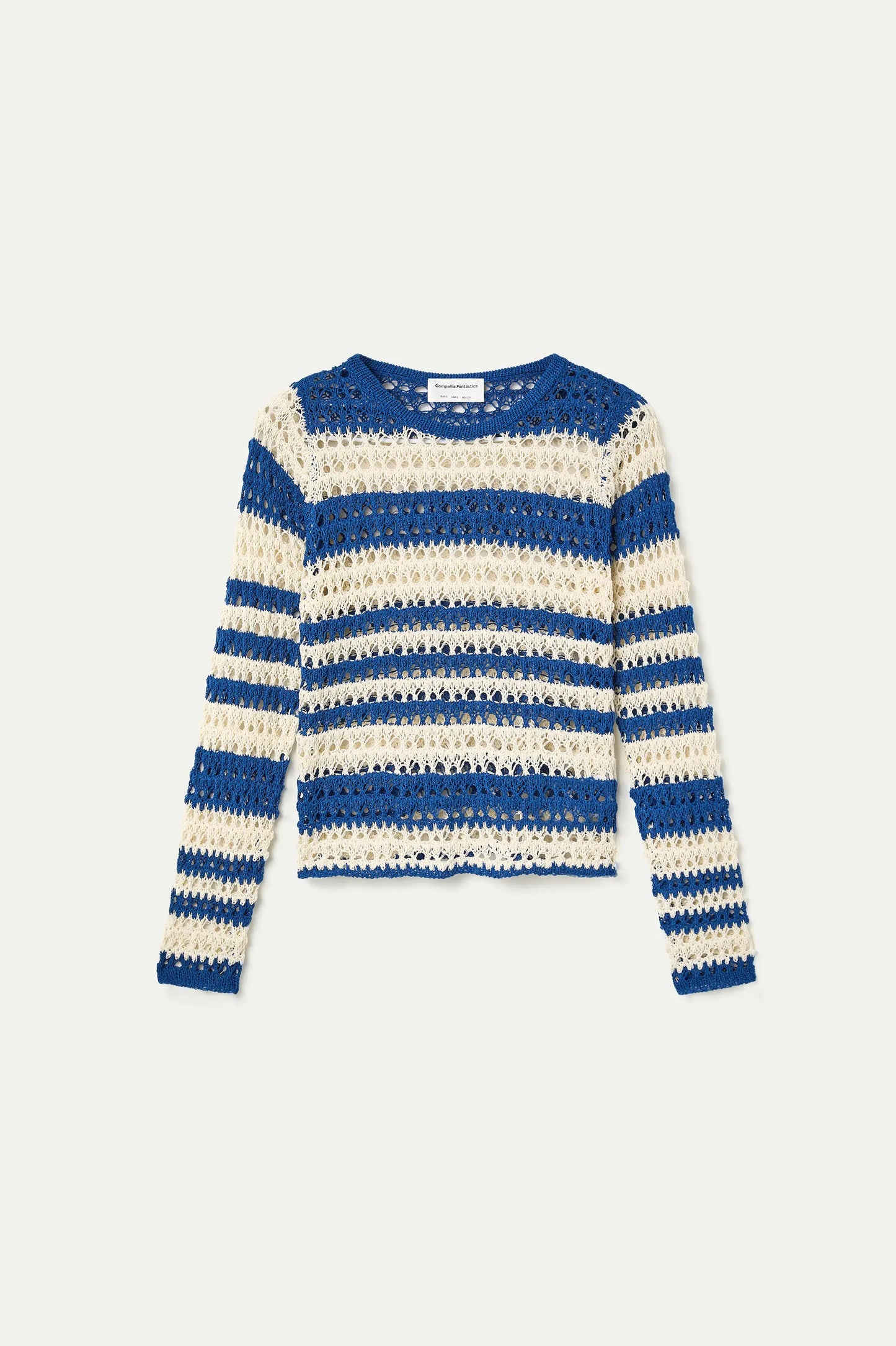 Openwork knit top with white and blue stripes