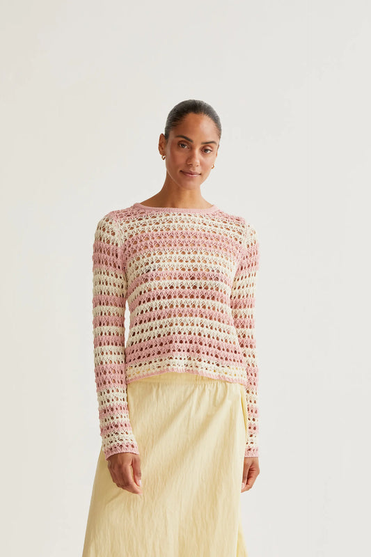 Top in maglia traforata con strisce bianche e rosa