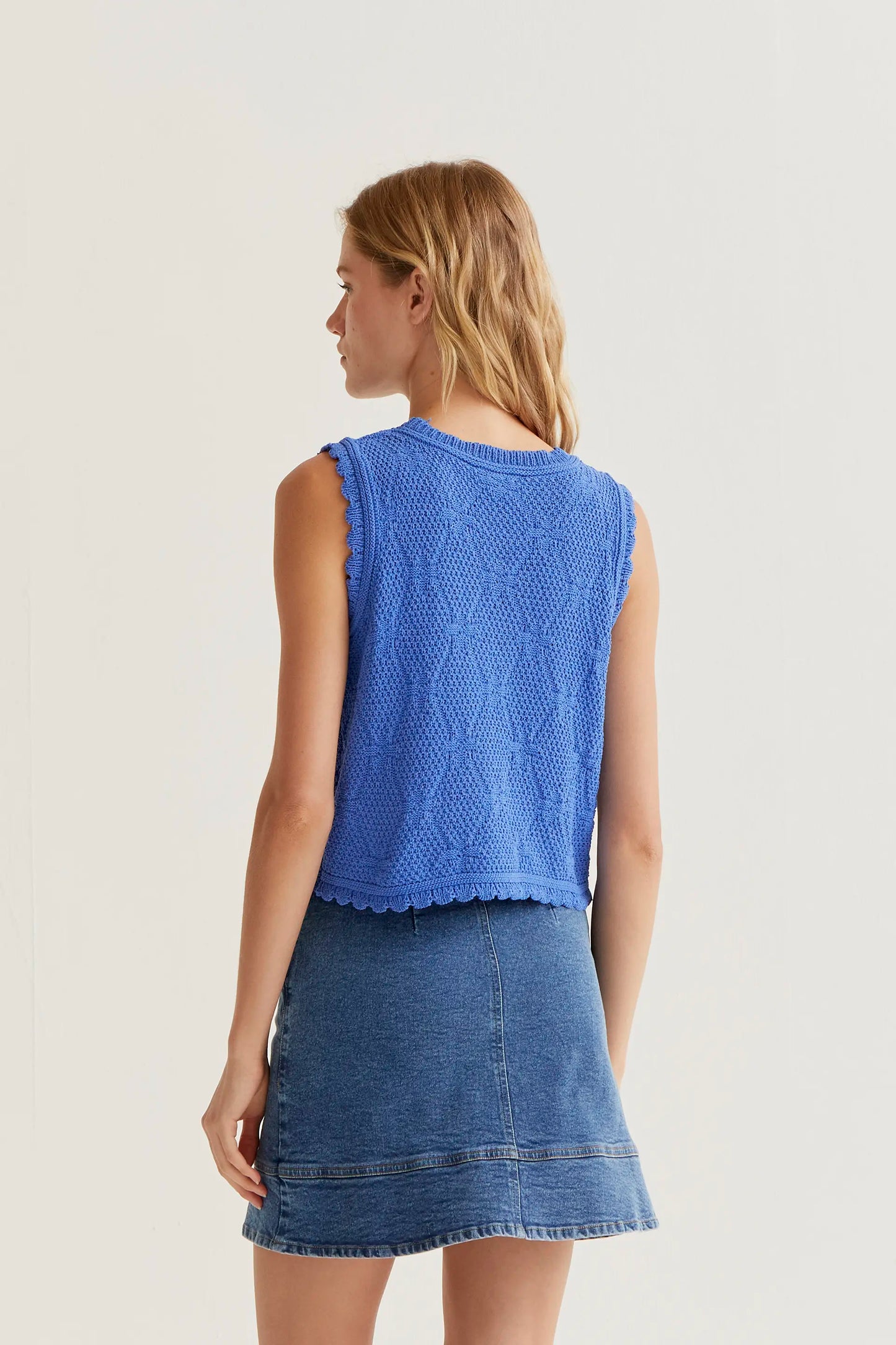 Blue chain-stitched embroidered top