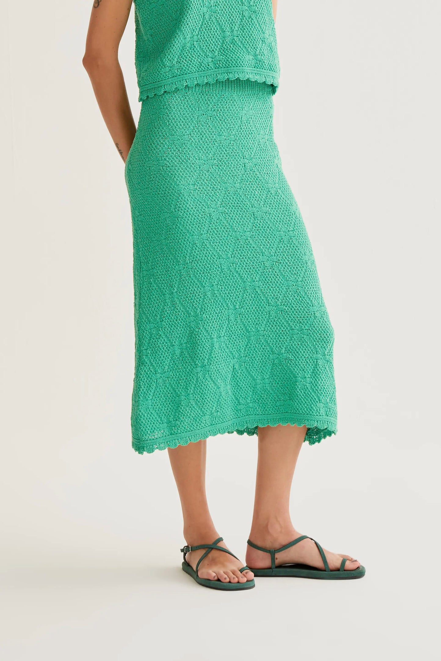 Midi skirt with green chain embroidery