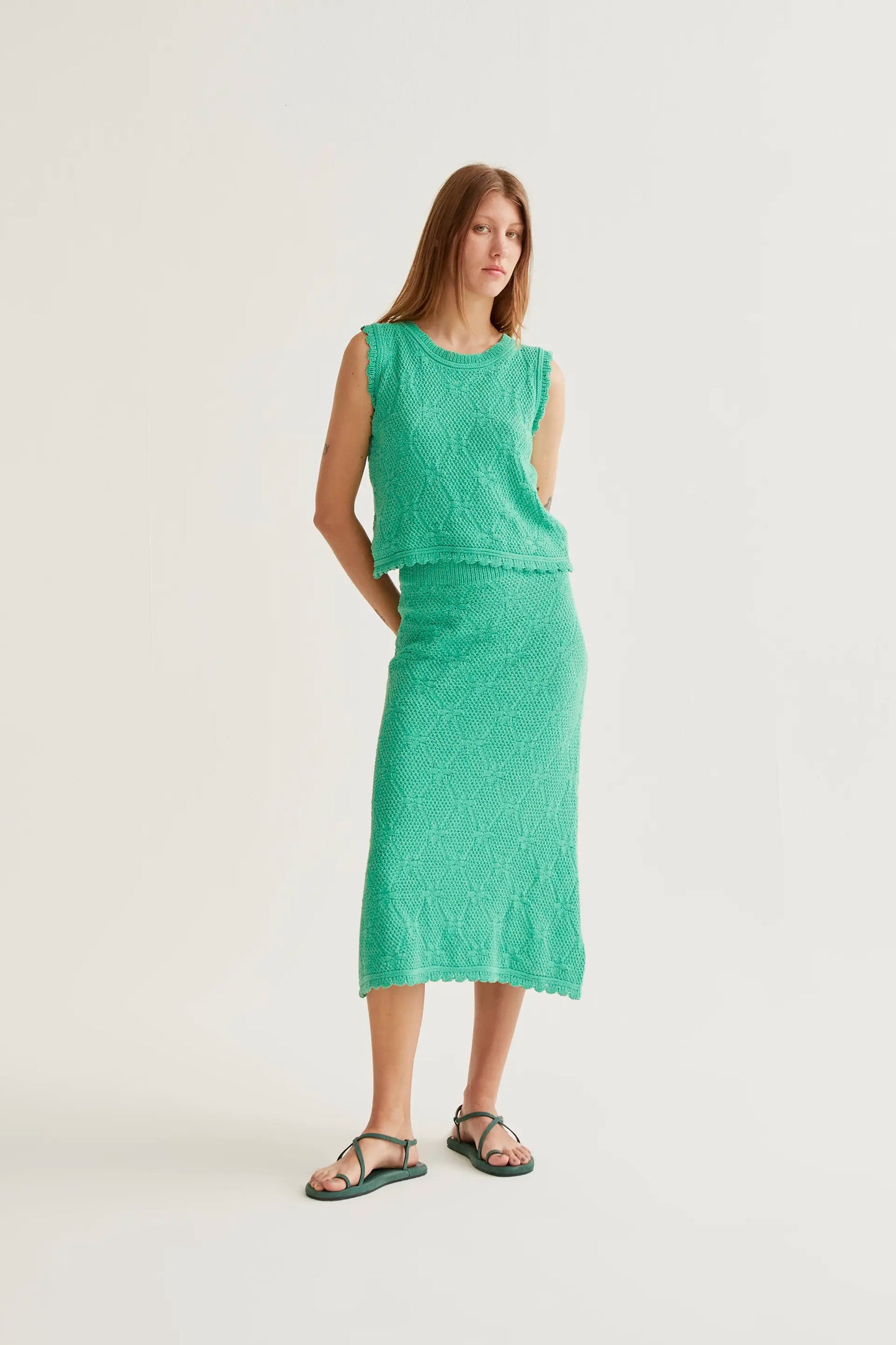 Midi skirt with green chain embroidery