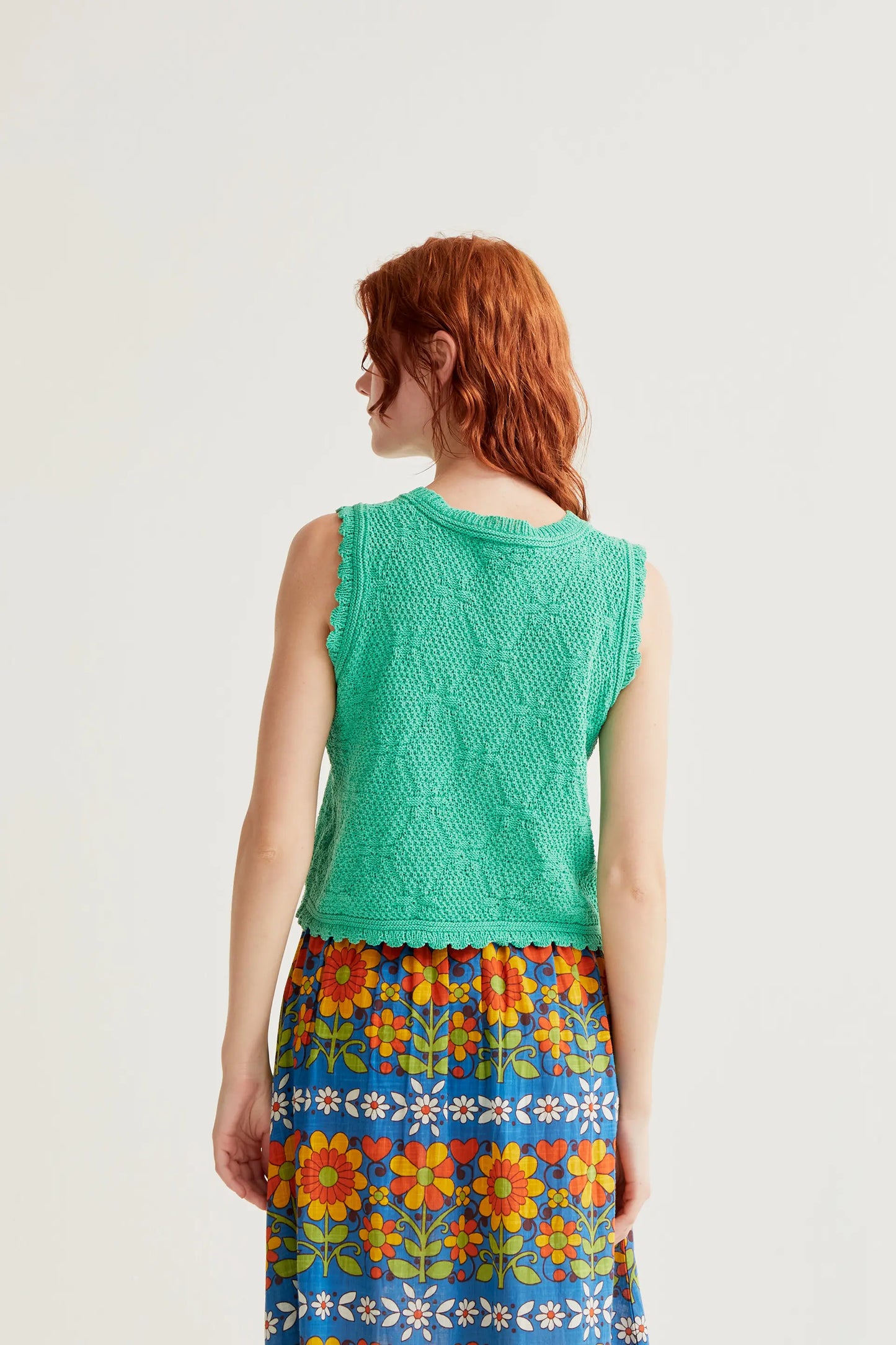 Green chain-stitched embroidered top