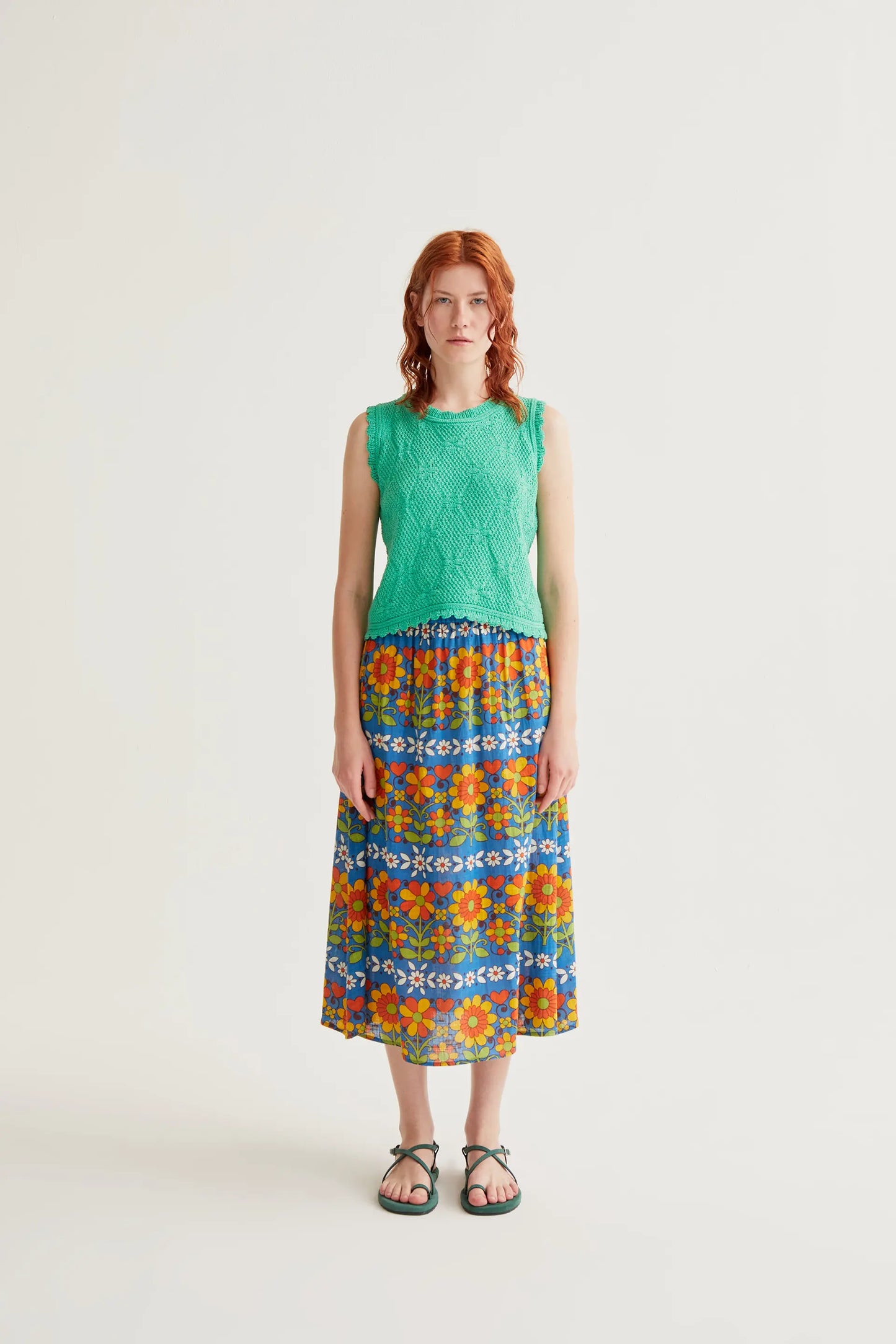 Green chain-stitched embroidered top