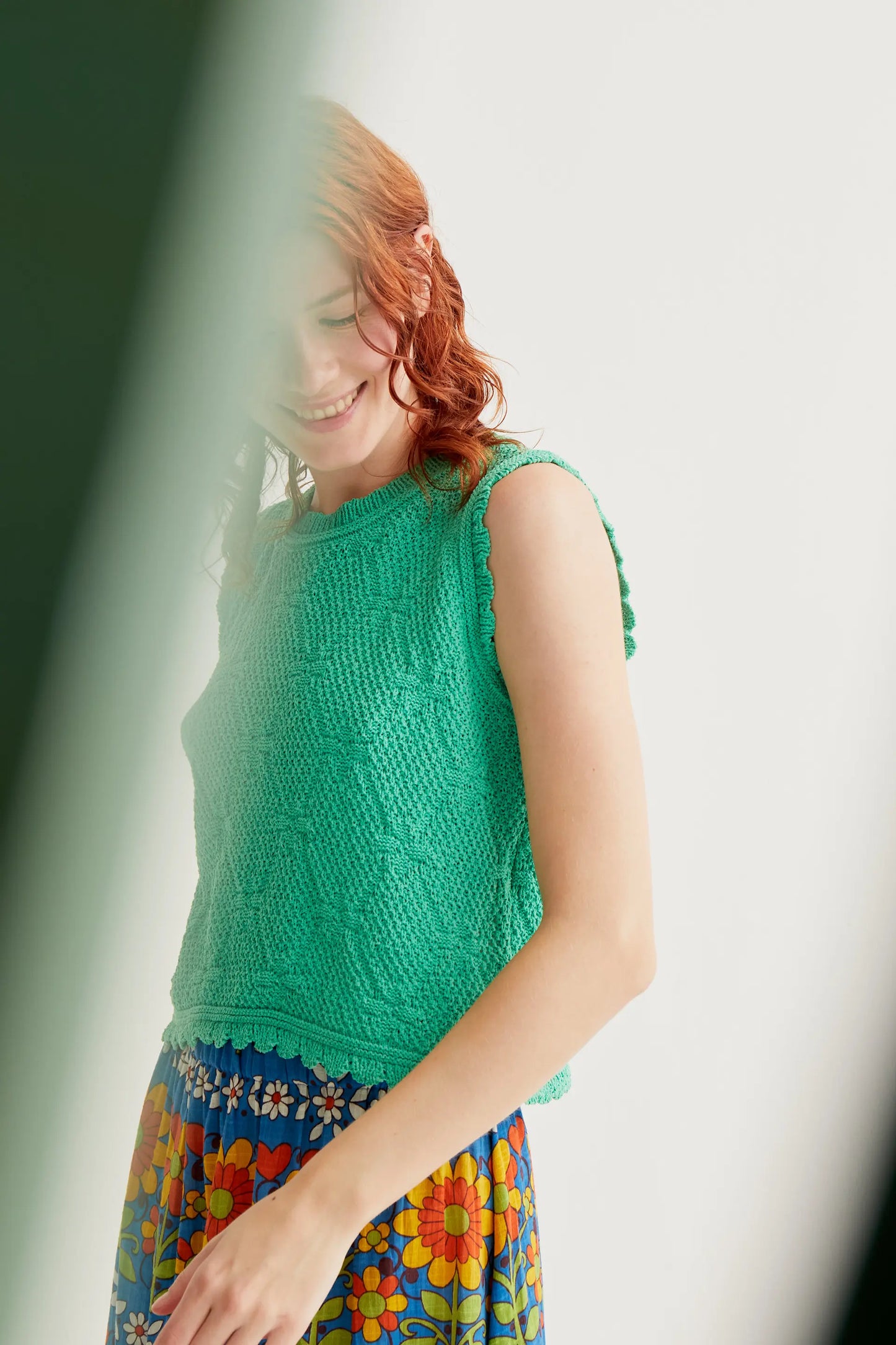 Green chain-stitched embroidered top